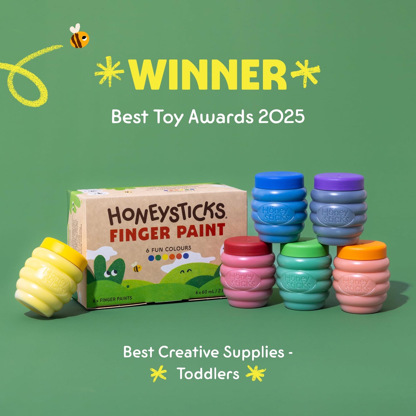 Honeysticks Non Toxic Finger Paint (6 Bright Colors), Washable from Skin, Safe Finger Painting for Toddlers, Kids Ages 1-3, 2-4, 3-5, Perfect First Paint for Little Artists Age 1+, Water Based, Eco
