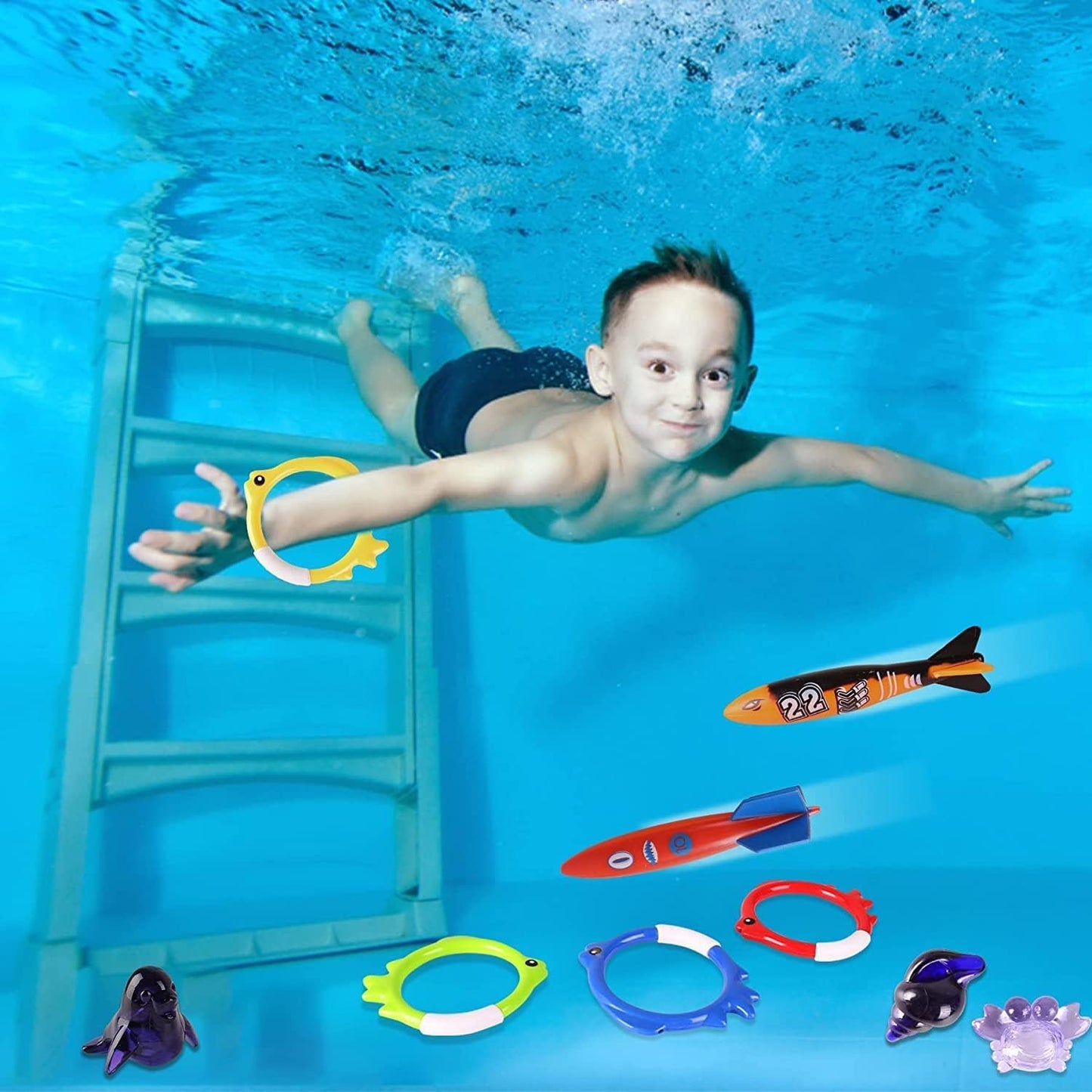 20Pcs Summer Pool Diving Swimming Toys for Kids Ages 3-12, Fun Swim Games Sinking Set, Underwater Dive Gifts with Storage Bag Include Torpedo Gems Shark Rings Sea Animals for Boys Girls Toddlers
