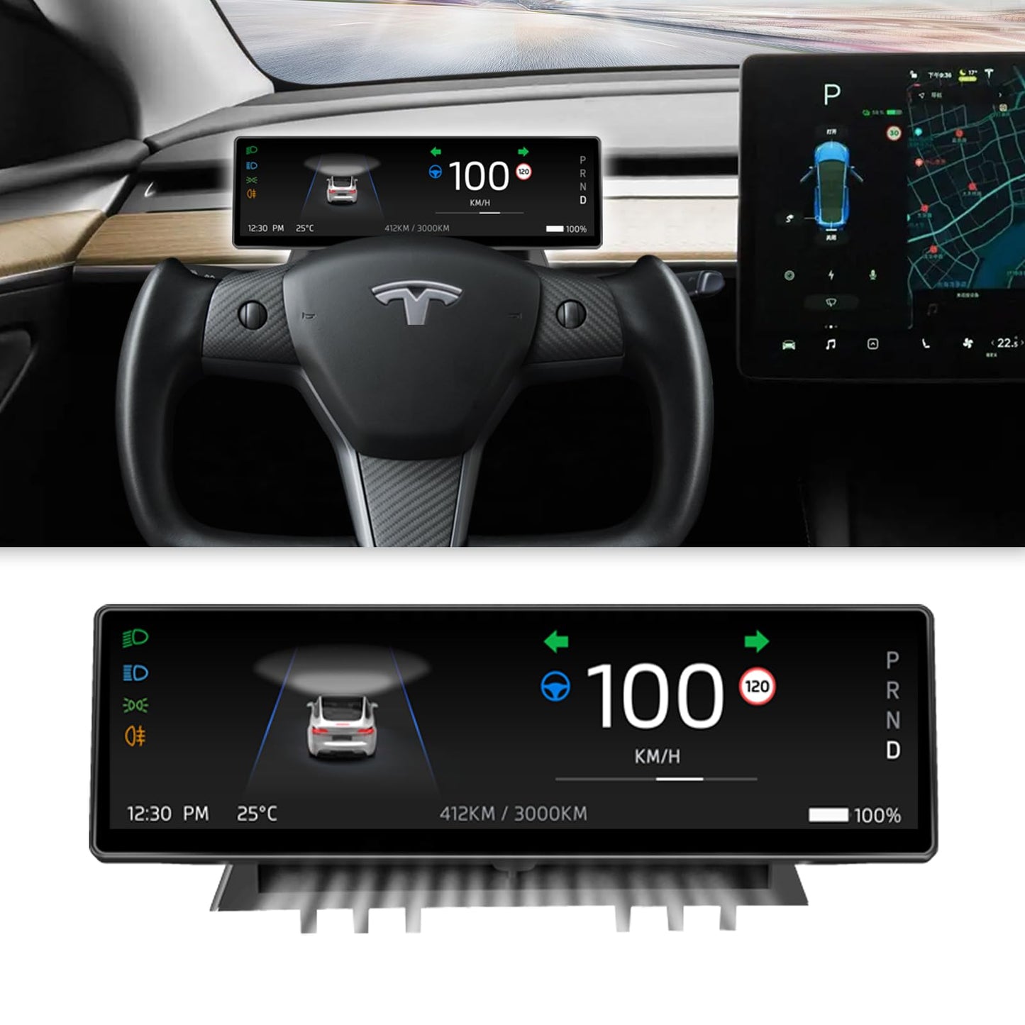 Tesstudio Head Up Display for Tesla Model 3 2017-2023 & Model Y 2019-2024,8.8" Touch Screen Instrument Cluster with CarPlay & Android Auto Real-Time Vehicle Info Display