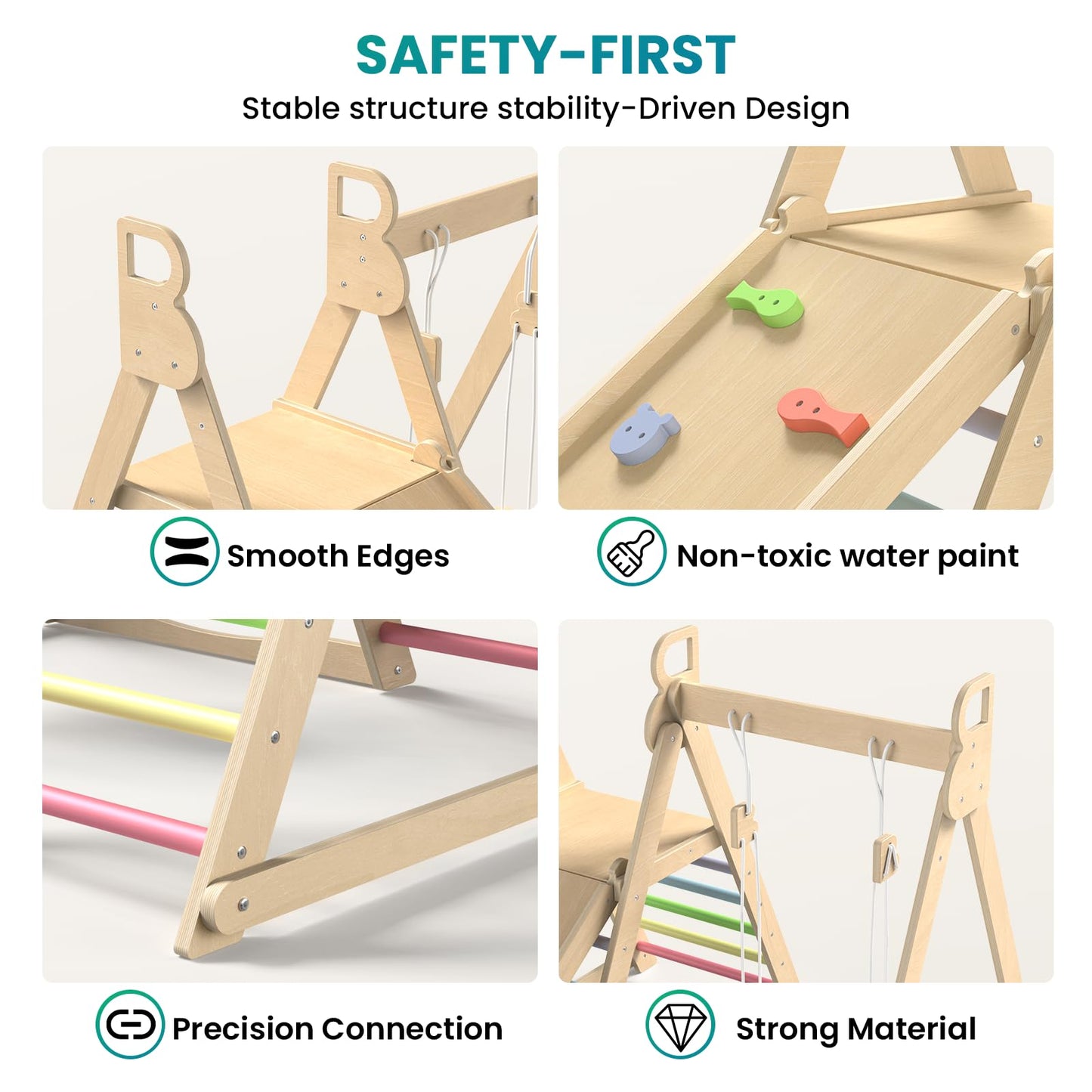 BlueWood 4 in 1 Indoor Jungle Gym, Foldable Wooden Climbing Set with Swing, Slide, Ladder and Climbing Wall, Montessori Philosophy Climber Playset for Kids Aged 2+ (Rainbow)