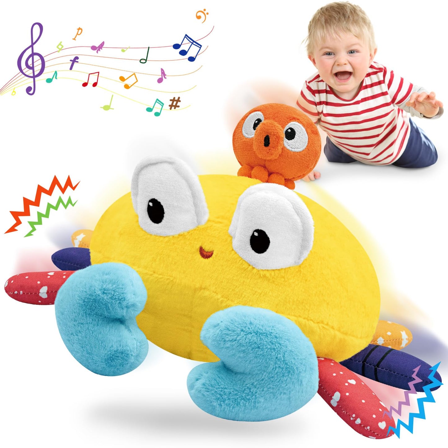 Infowush Baby Toys 6-12-18 Months - Musical Crawling Crab Plush Toy, Dancing Walking Bouncing Tummy Time Toy Interactive Sensory Learning Toys for Toddlers 1-3, Birthday Gifts for Infants Boys Girls