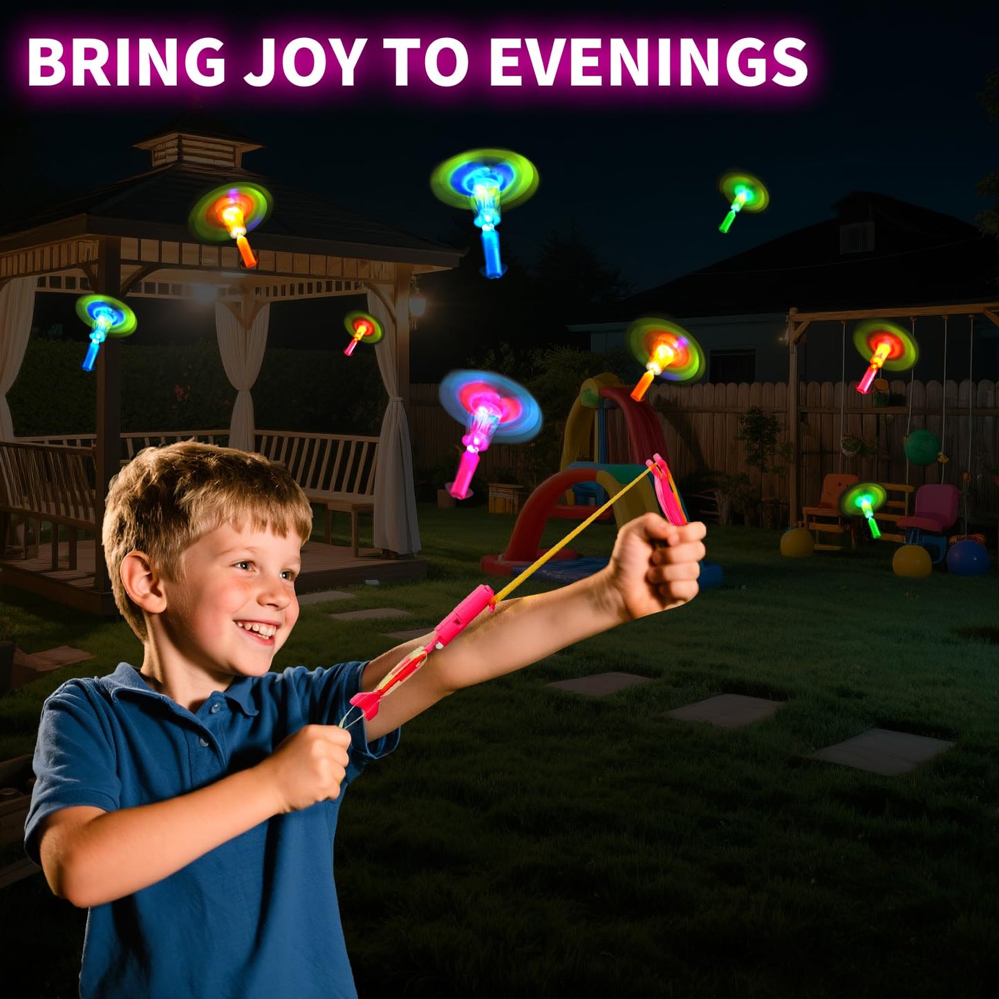 OceanWings LED Flying Set with Whistle, 25 Slingshot+25 Glow Helicopter, Flying Toy Outdoor Toy Glow in The Dark Party Supplies Party Favors Bulk for Kids 8-12,4-8 Summer Camping Outdoor Game