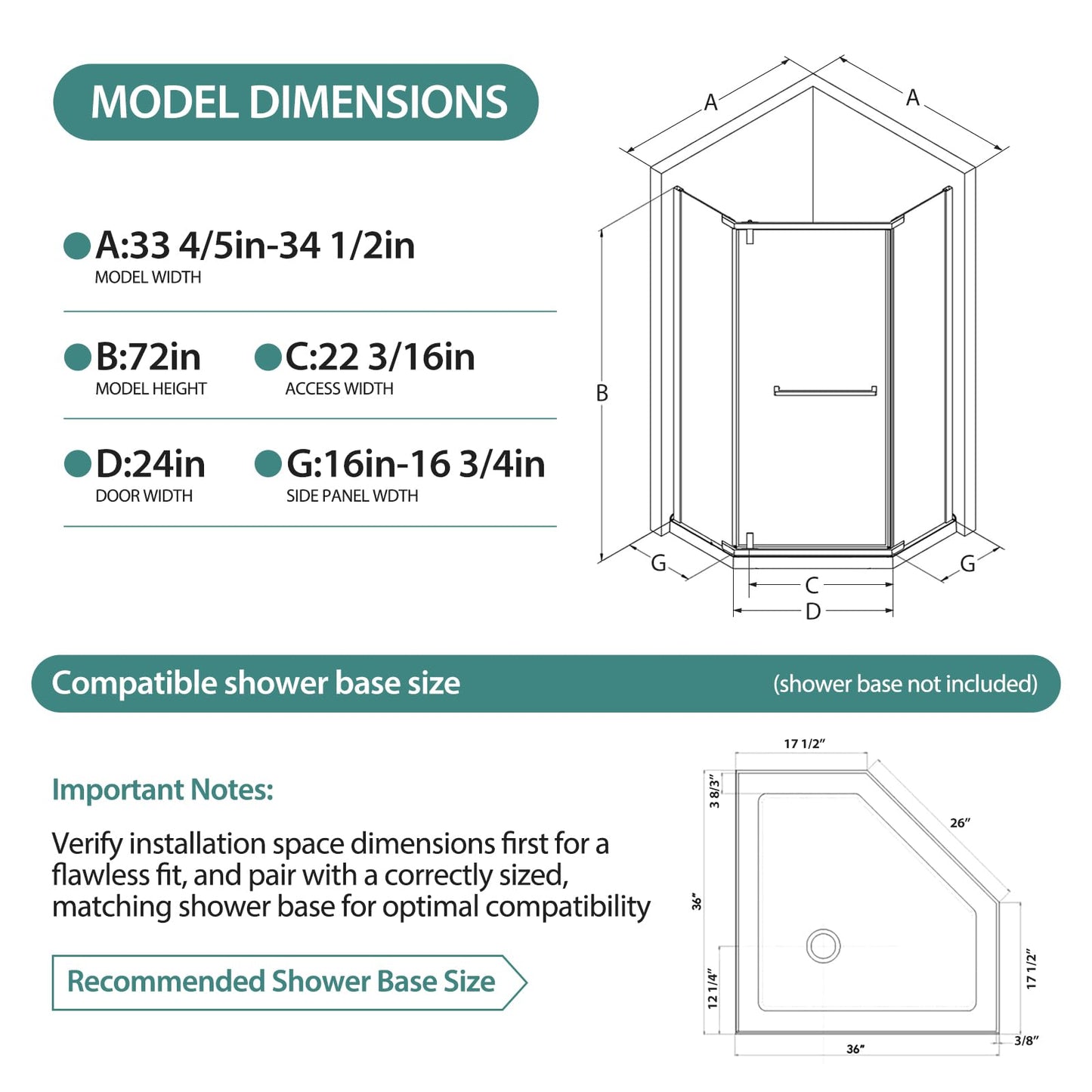 36 Corner Shower Door,36" W x 72" H Neo-Angle Corner Shower Enclosure,Frameless Pivot Shower Doors with 1/4” (6MM) SGCC Tempered Glass for Walk-in Shower,Matte Black