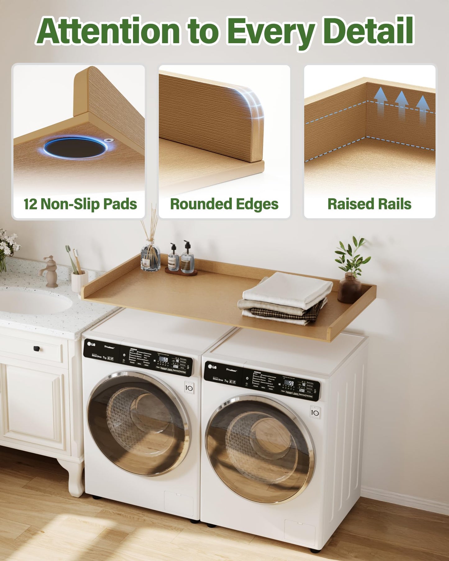 Washer Dryer Topper 54"x27.5" – Premium HD Polymer Laundry Countertop, Waterproof and Durable Washer Dryer Countertop with Raised Edges for Folding Clothes, Sorting Laundry, and Extra Storage