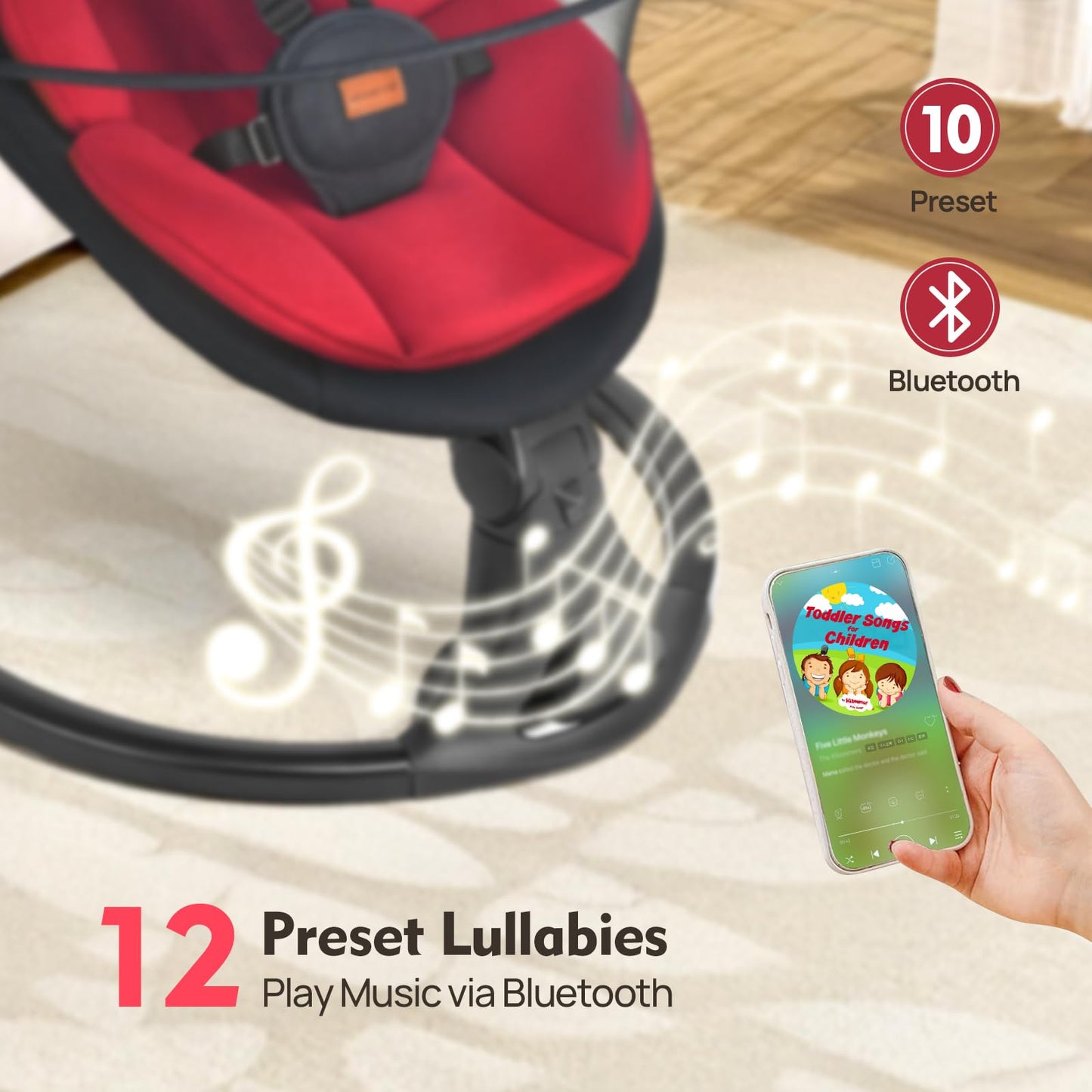 Baby Swings for Infants, Portable Baby Swing for Newborns with Bluetooth, Electric Infant Swing with 5 Speed Motions, 12 Soothing Melodies & Remote Control (Max 20 lbs, Red)