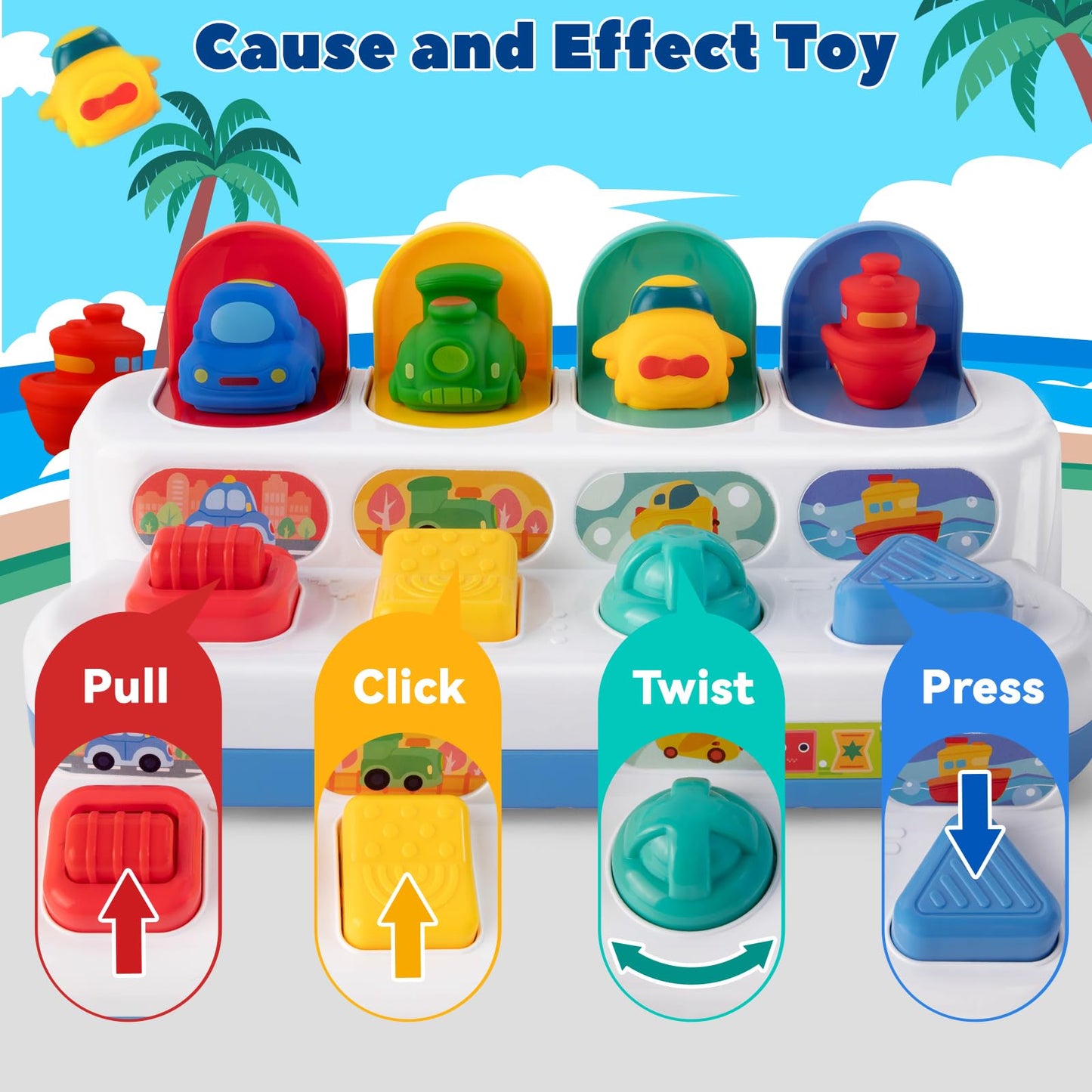 Interactive Cause & Effect Pop Up Vehicle Toys for Toddlers 1-3 Years, Sensory Montessori Toys for Infants 8-12 Months, Fun Hide and Seek Play for Boy Girl