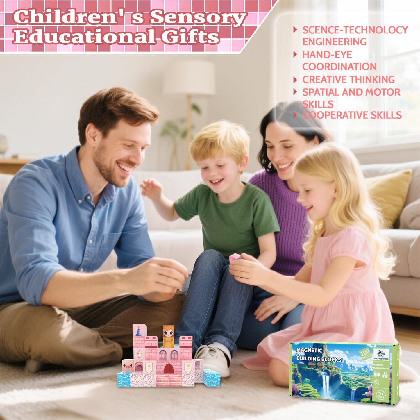 SSAWER Magnetic Blocks, 100PCS Magnetic Tiles Building Blocks, Magnet Cubes STEM Sensory Game Toys Christmas Birthday Gifts for Kids Girls Age 3+ (Princess Castle)