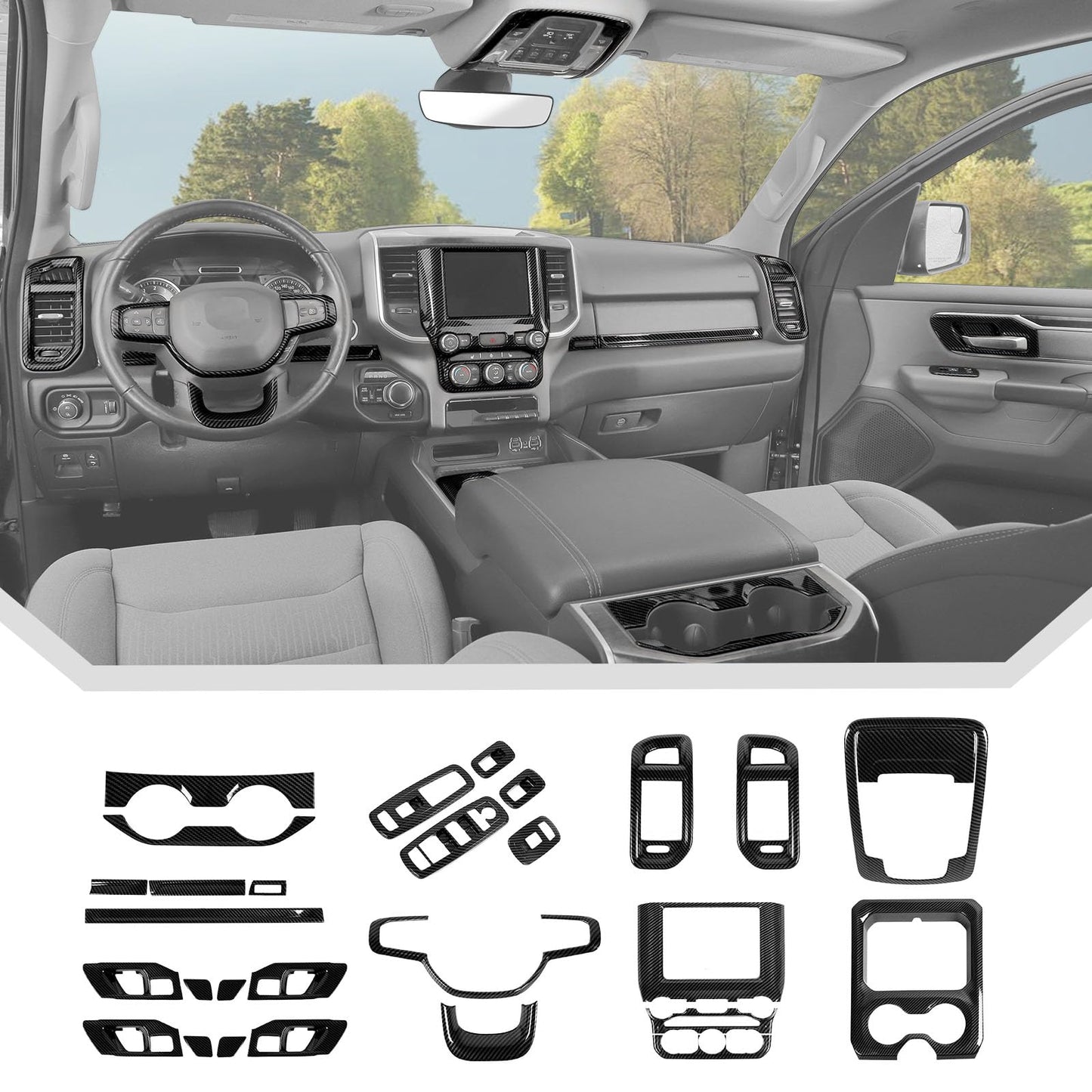 JeCar 27PCS Carbon Fiber Interior Trim Kit for 2018-2023 Dodge RAM 1500 Interior Accessories