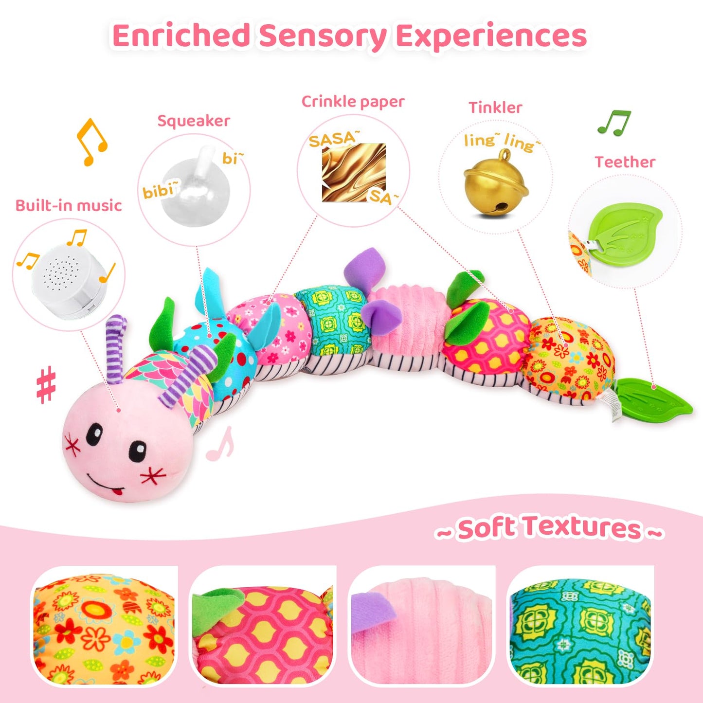 Wrist Rattle Foot Finder Socks Set, Caterpillar Musical Plush Stuffed Toy for Infant, Baby Toys 0-12 Months, Newborn Boy& Girl Shower Birthday Halloween Christmas Gift