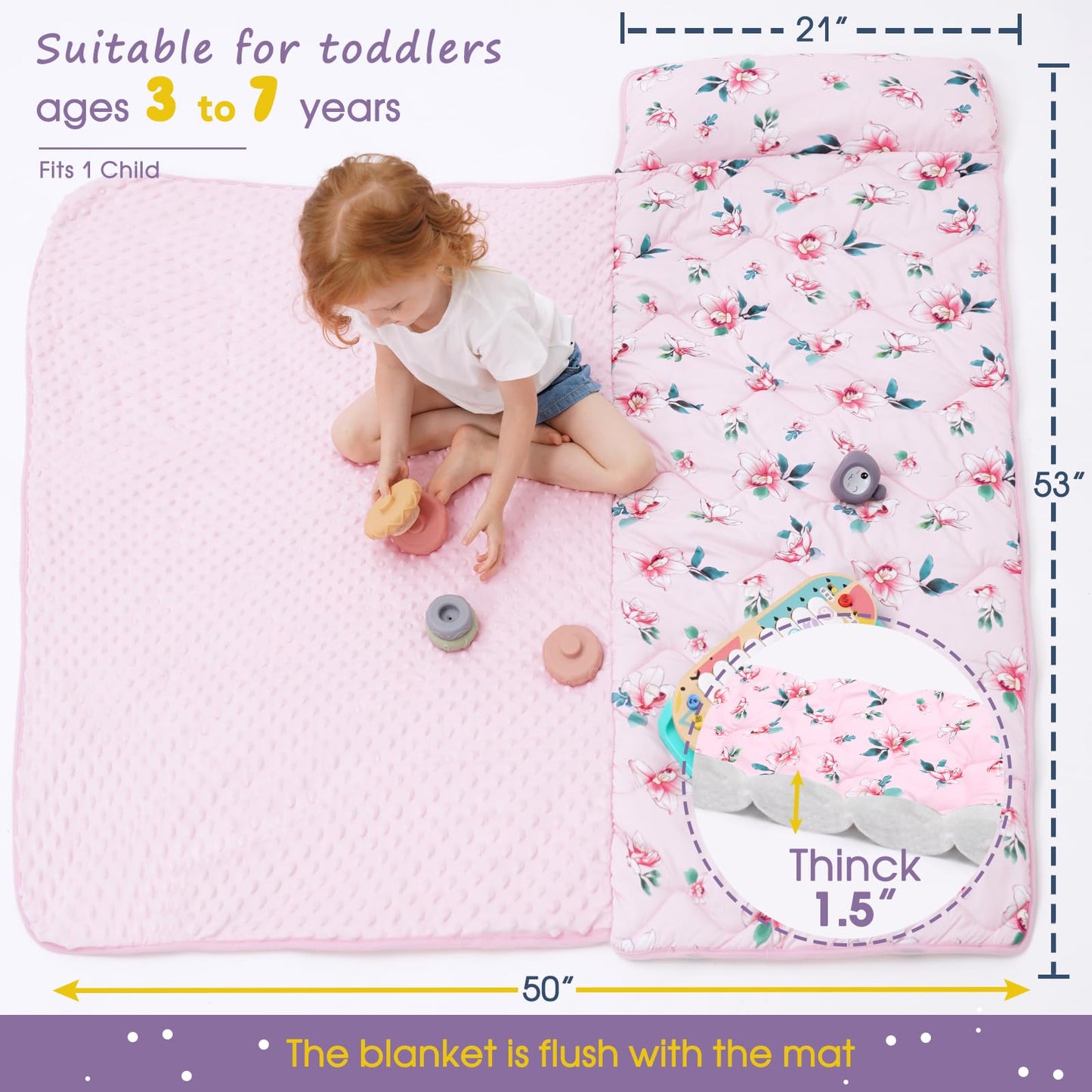Nap Mat with Pillow Blanket Set: Pink Floral Sleeping Mats for Toddler Kids - Thick Large Roll up Slumber Bag for Daycare Preschool Kindergarten Boys Girls