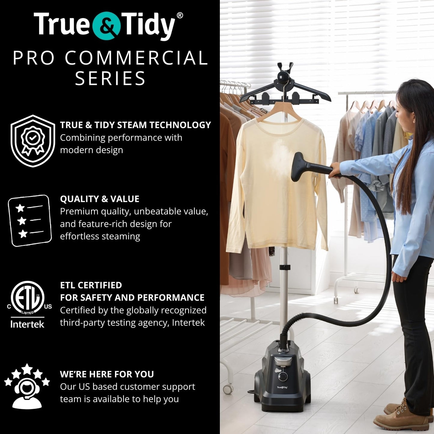 True & Tidy® Heavy-Duty Commercial Industrial Standing Garment Steamer for Clothes, 1800 watts, XL 3L water tank 90+ mins of Steam 3 Steam Settings, Step On/Off Control, Wheels for Easy Movement