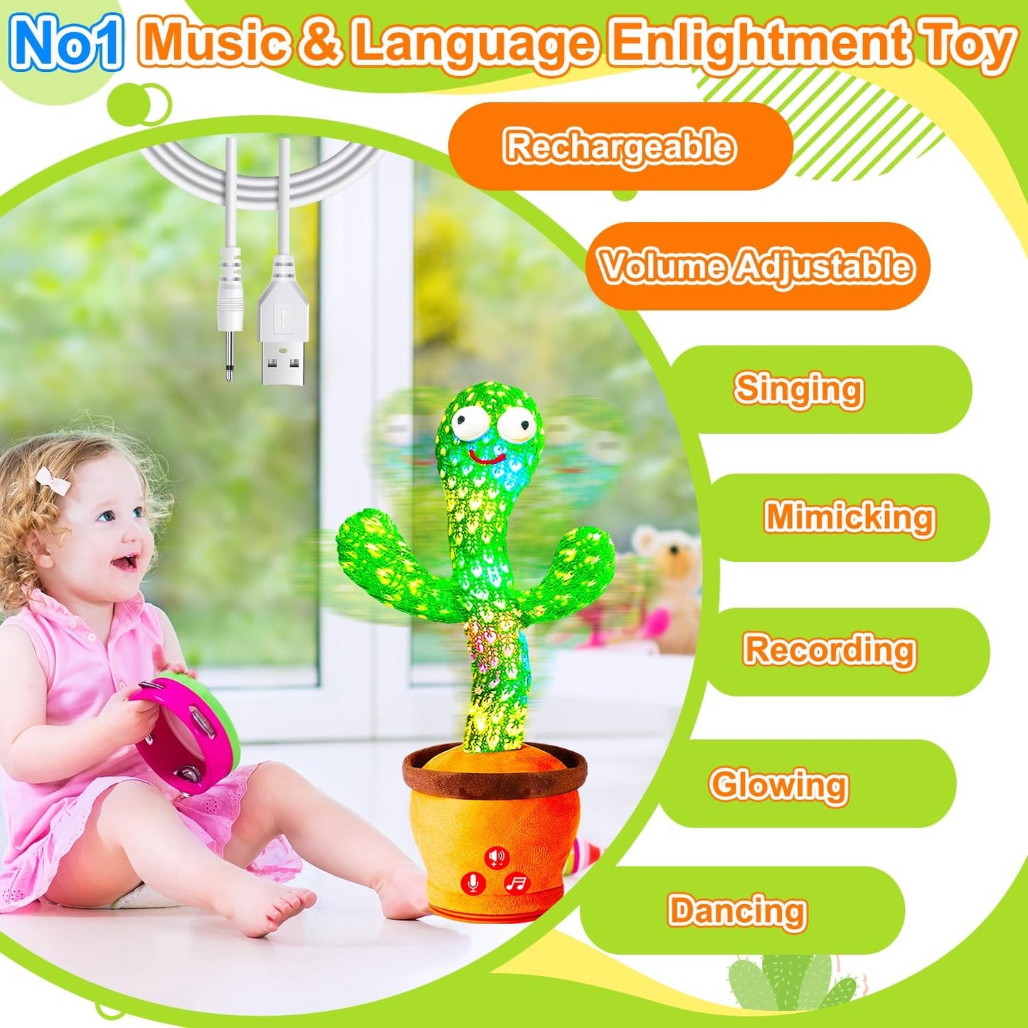 Vitosup Rechargeable Baby Toys Dancing Talking Cactus Toy, Volume Adjustable, Singing Mimicking Repeating, Easter Gifts/Easter Basket Stuffers for Baby Toddler, Baby Infant Toys Gifts for Girls Boys
