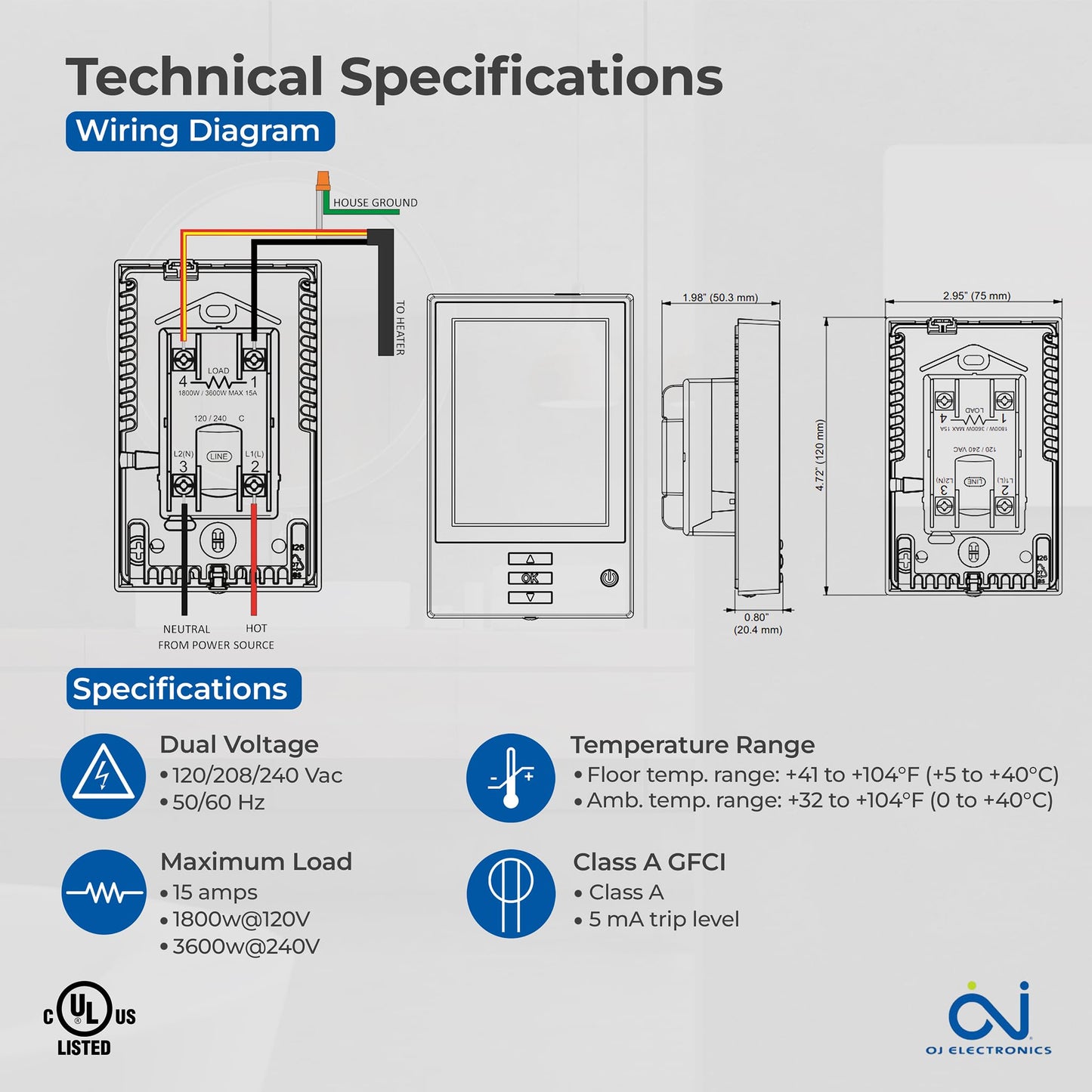 OJ Microline UDG Programmable Thermostat for Heated Floor w/Class A GFCI - 120/240v in Floor Heater Thermostat - Dual Sensing - Includes a Flooring Sensor - 3-Year Warranty & USA Product Support