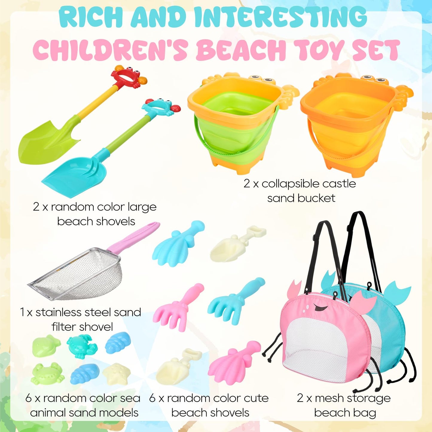 Guiqulai Summer Beach Toys Set for Kids Collapsible Sand Bucket Shovels Crab Molds Mesh Bag Outdoor Sandbox Water Play Toys for Boys Girls Travel Essential