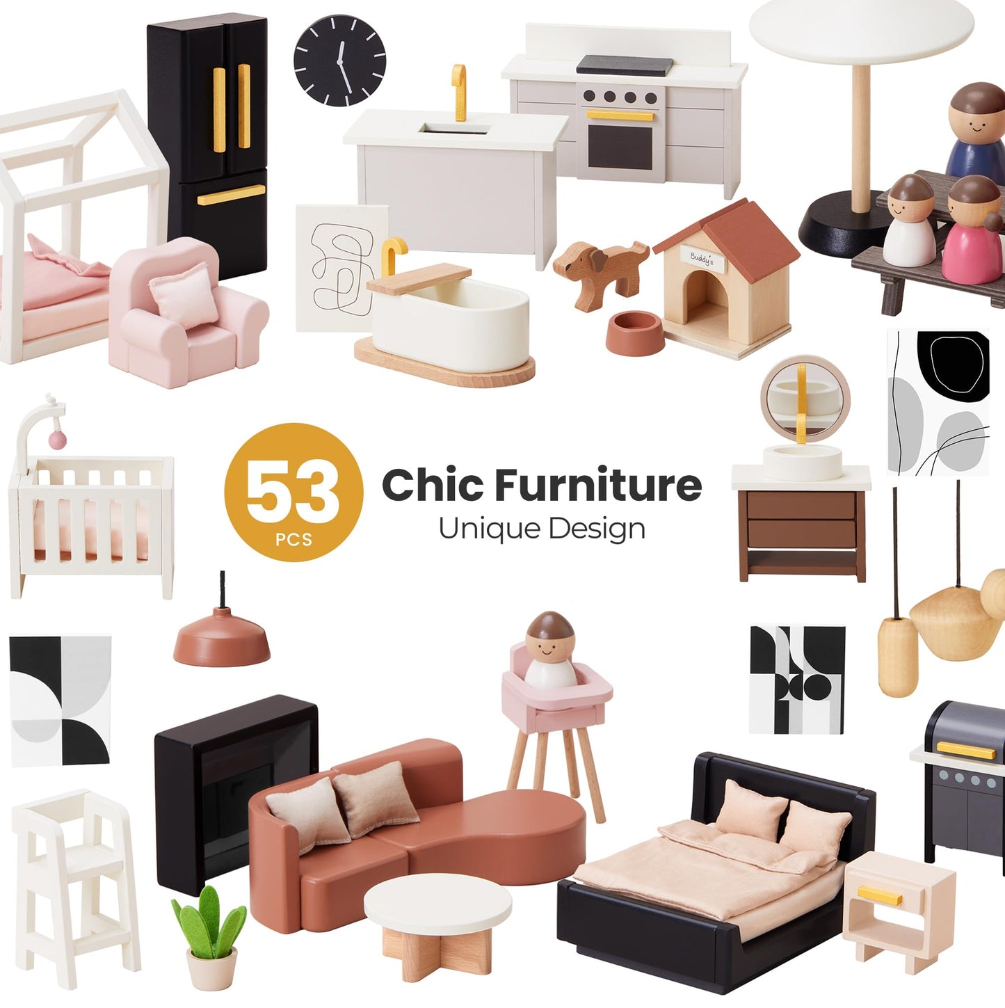 Tiny Land Doll House, Modern Family Dollhouse with Realistic Design, Wooden Dollhouse with 53Pcs Furniture - Ideal Gift for Kids Ages 3+