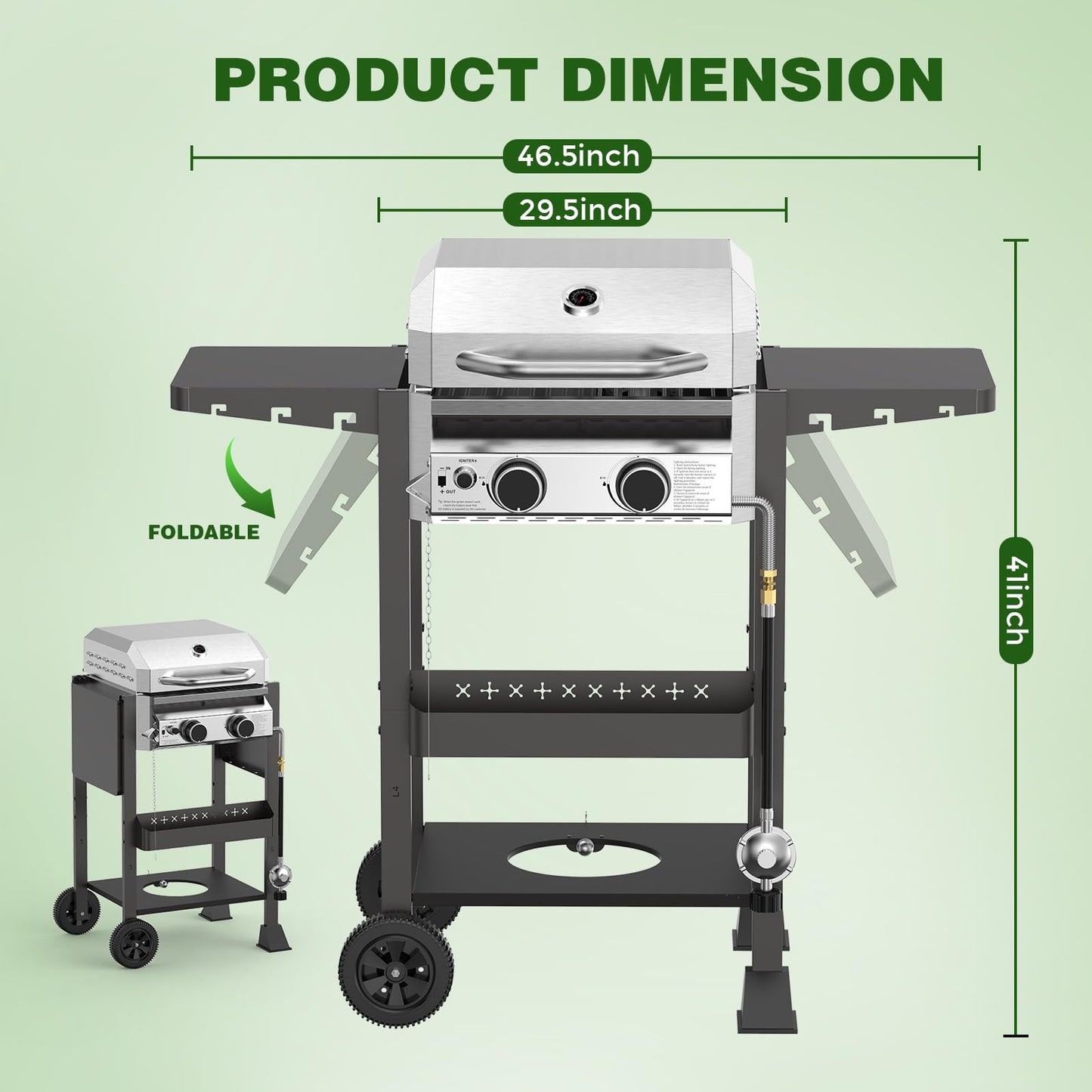 ‌2-Burner Gas Grill, Stainless Steel 160,00 BTU BBQ Grill with Foldable Side Shelves & Storage Shelf – Ideal Propane Grill for Outdoor Barbecues, Patio Gatherings, and Camping