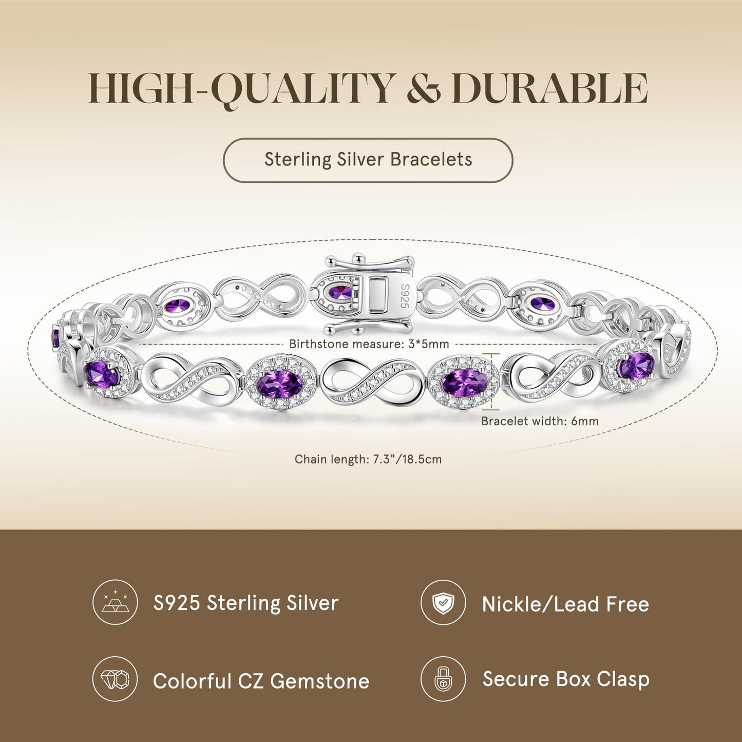 FANCIME Amethyst Jewelry Set Feburary Birthstone Sterling Silver Infinity Pendant Necklace Earrings Bracelet Purple Gemstone Fine Jewelry Anniversary Birthday Gifts for Women Her Mom Wife
