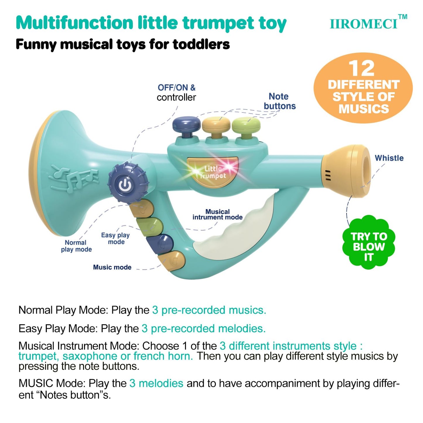 IIROMECI Musical Instruments Toys for Kids, Toddlers Little Trumpet and Baby Educational Toy for Girls & Boys Ages 1-3 (Blue)