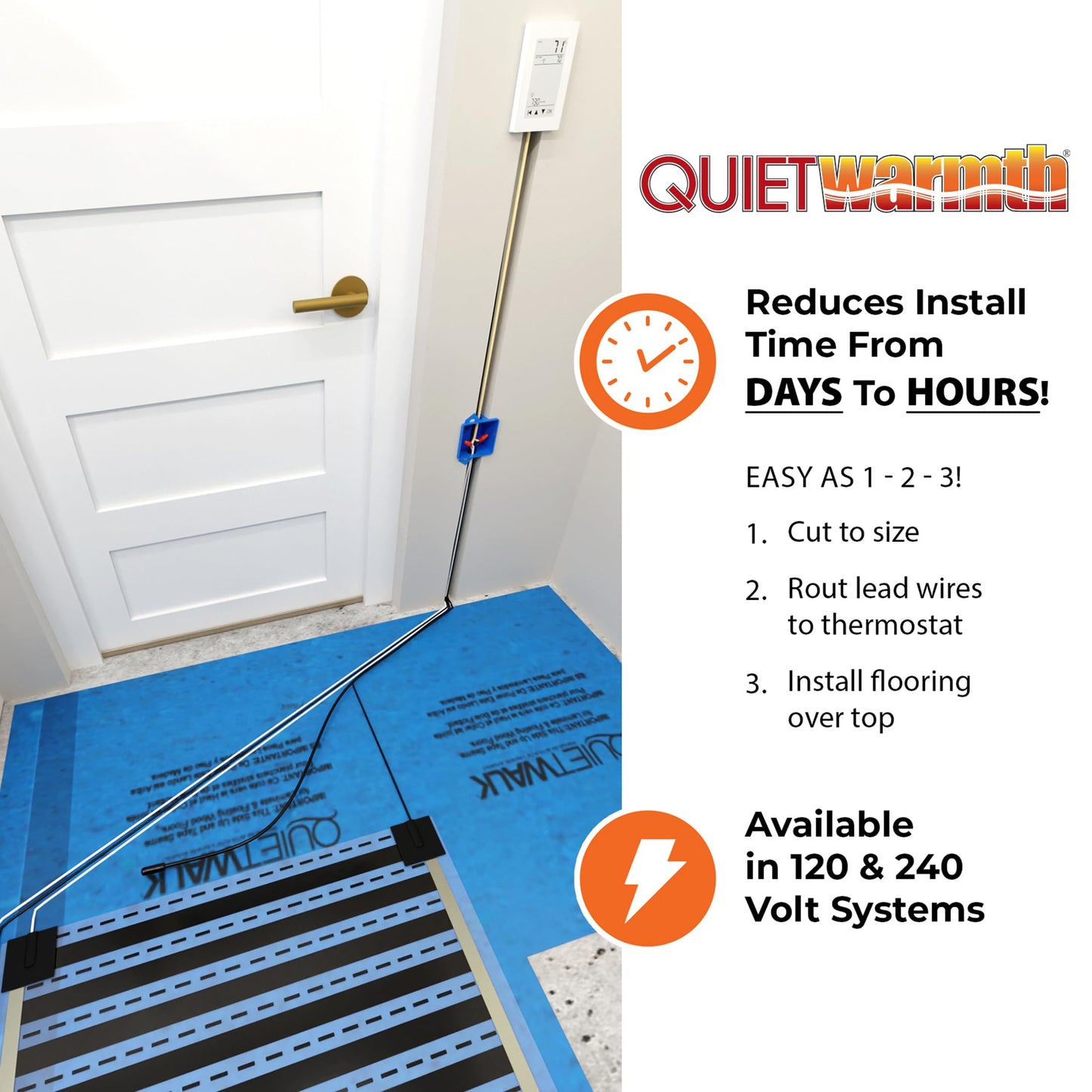 QuietWarmth Float QWARMKITFF Radiant Floor Heating Starter Kit Mat w/Programmable Thermostat for Laminate, Wood, Luxury Vinyl Floating Flooring- Cuttable Mat Size 3’x10' 120Volt (Covers 30sf)