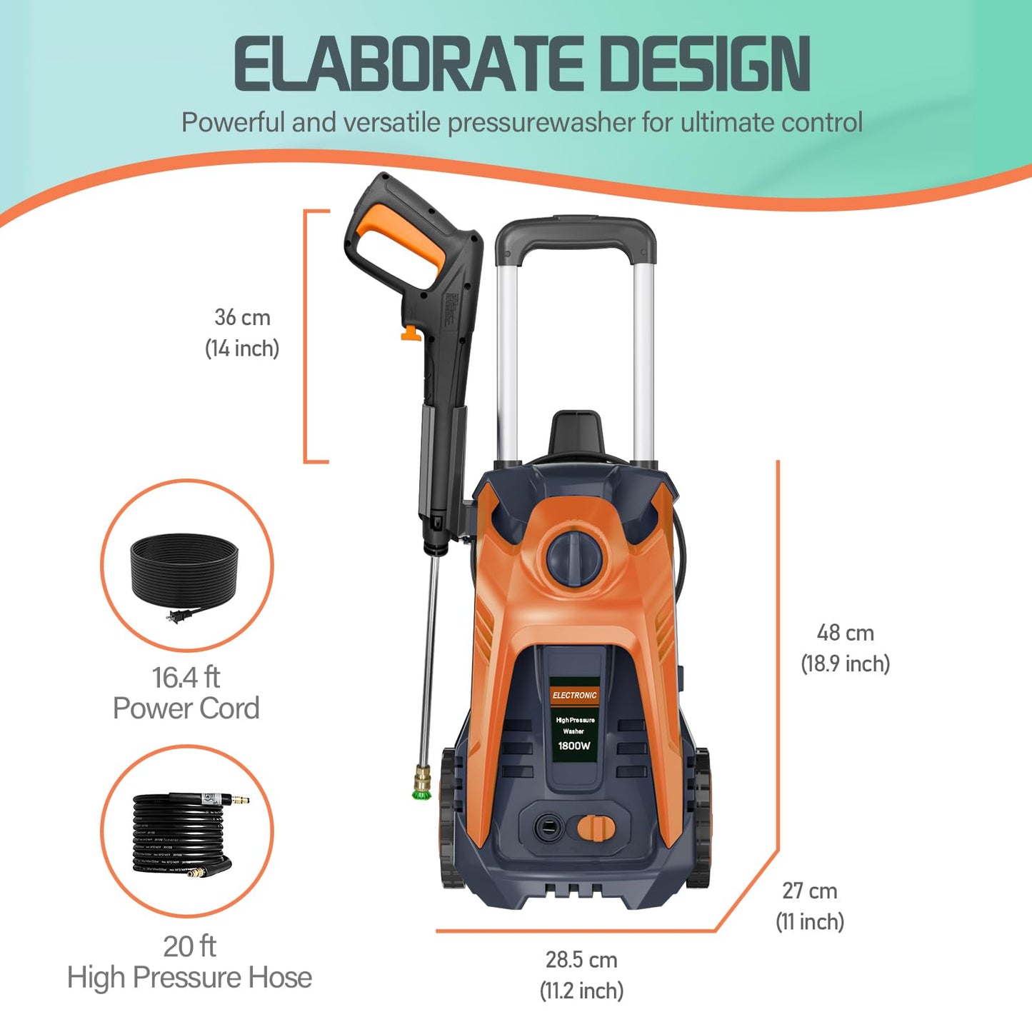 Pressure Washer with 25 FT Hose, 4 Quick Connect Nozzle 16.9Oz Soap Tank Cleaning for Patio, Car