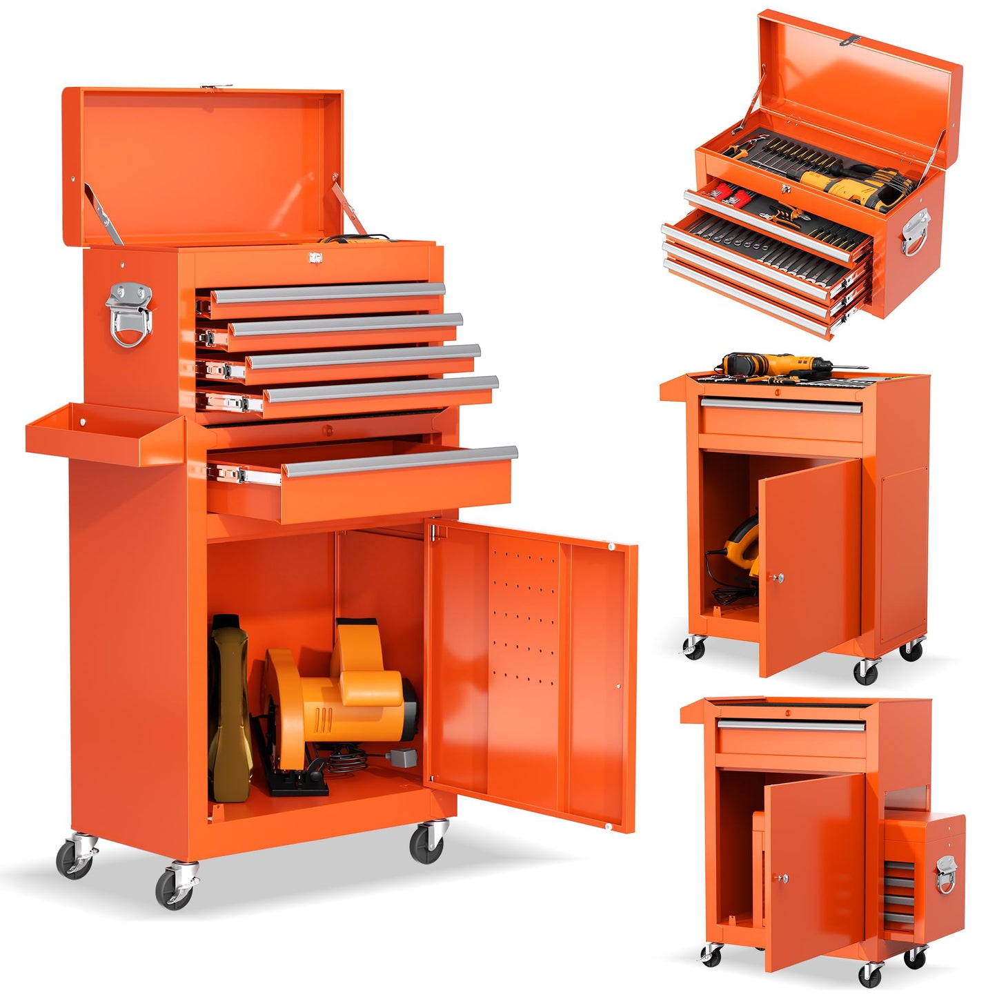 Brightpeak 5-Drawer Rolling Tool Chest – Heavy-Duty Steel Tool Cabinet with Detachable Top Box & Locking Wheels – Secure 2-in-1 Garage Workshop Storage, Tool Organizer(Orange)