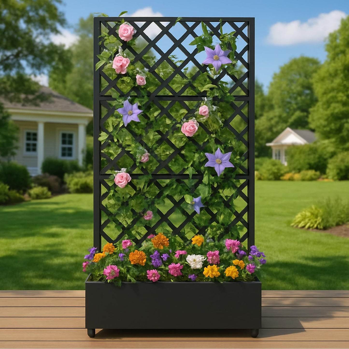 GAOMON Metal Planter Box with Diamond Lattice Trellis & Wheels, Raised Garden Bed w/Privacy Screen & Drainage Hole for Climbing Plants, Flower & Vine (72 in x35 in Black)