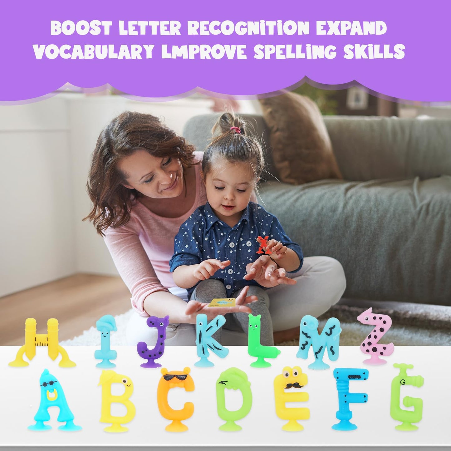 Alphabet Letters Learning Suction Toys: ABC Silicone Toys, Airplane/Windows/Car/Travel Toy for Kids, Preschool Educational Montessori Sensory Toy