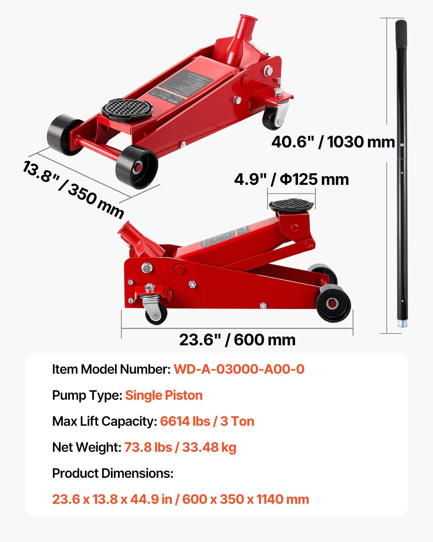 VEVOR Low Profile Floor Jack, 3 Ton (6614 lbs) Capacity, Steel Racing Floor Jack with Single Piston Quick Lift Pump, Hydraulic Trolley Car Lift for Sports Cars, SUVs, Pickups, Lifting Range 5.1"-19.7"