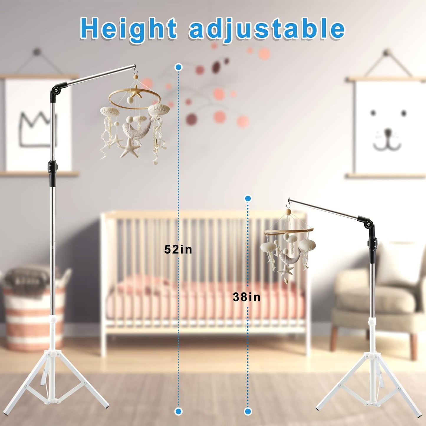 Quynhni Baby Crib Mobile Arm,Mobile Hanger for Crib 56-78" Adjustable Height Top Can Rotate 180° Suitable for Baby Girls Boys Stainless Steel Material Sturdy and Stable Base