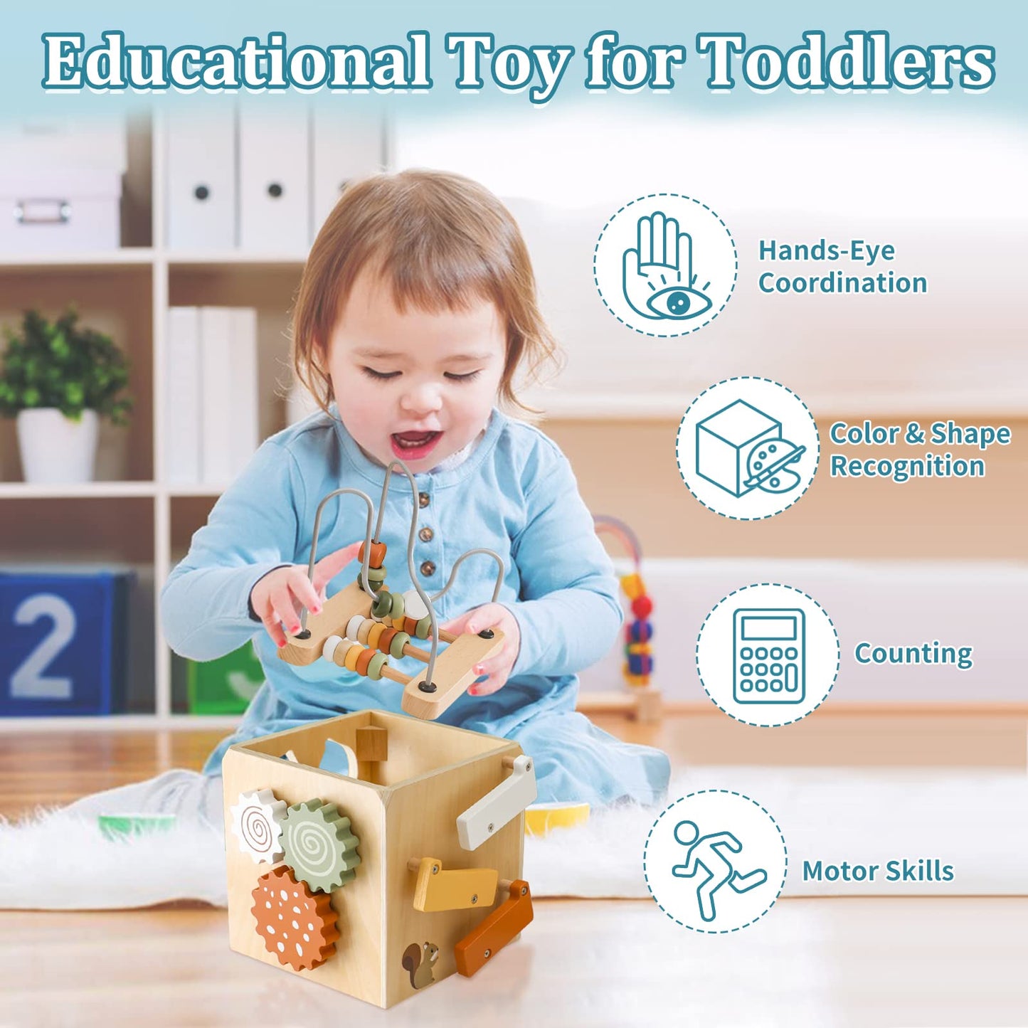 Smartwo Wooden Kids Baby Activity Cube - Boys Gift Set | One 1, 2 Year Old Boy Girl Gifts Toys | Developmental Toddler Educational Learning Boy Toys 12-18 Months | Bead Maze, First Birthday Gift