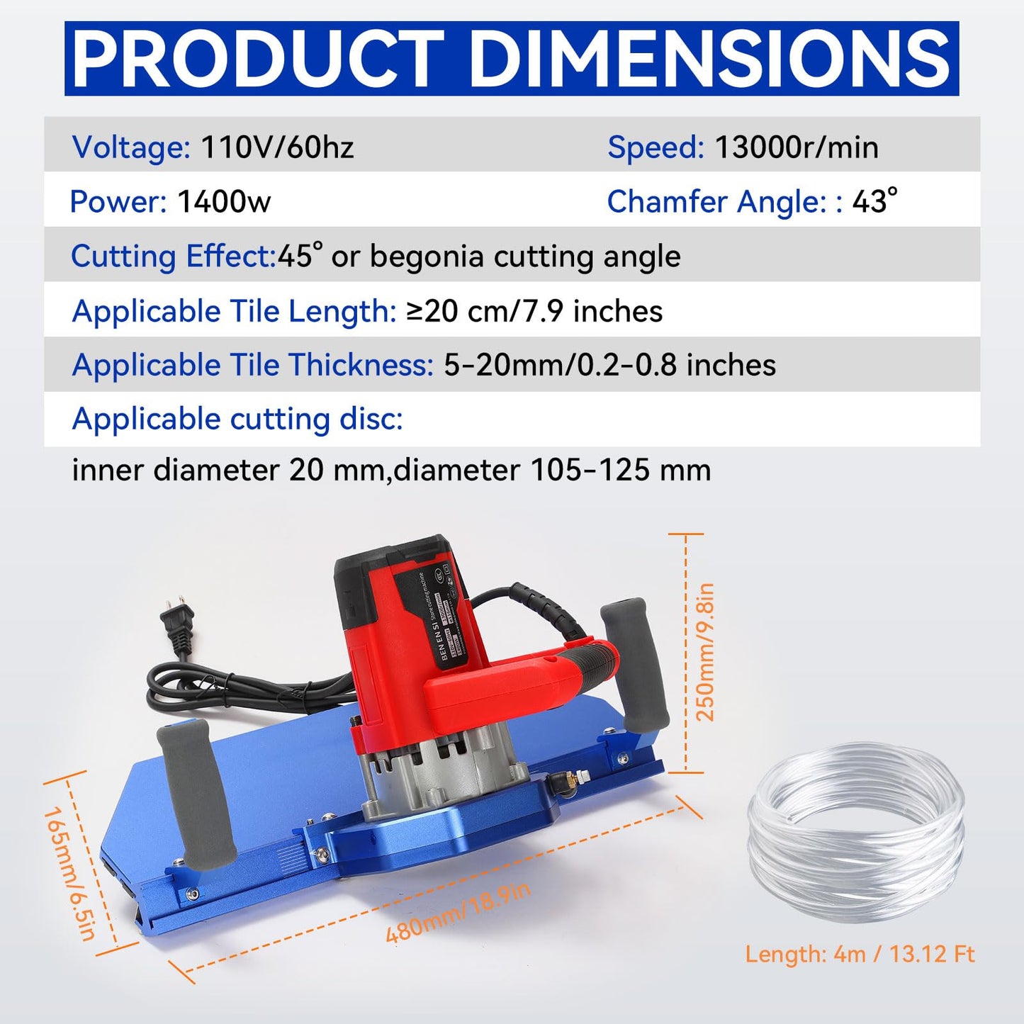 Electric 45 Degree Tile Chamfering Tool Professional Tile Bevel Cutter with 1400W High Strength Tile Chamfering Machine with 110V 4m Hose.Spraying System for Large Format Tile Ceramic Porcelain