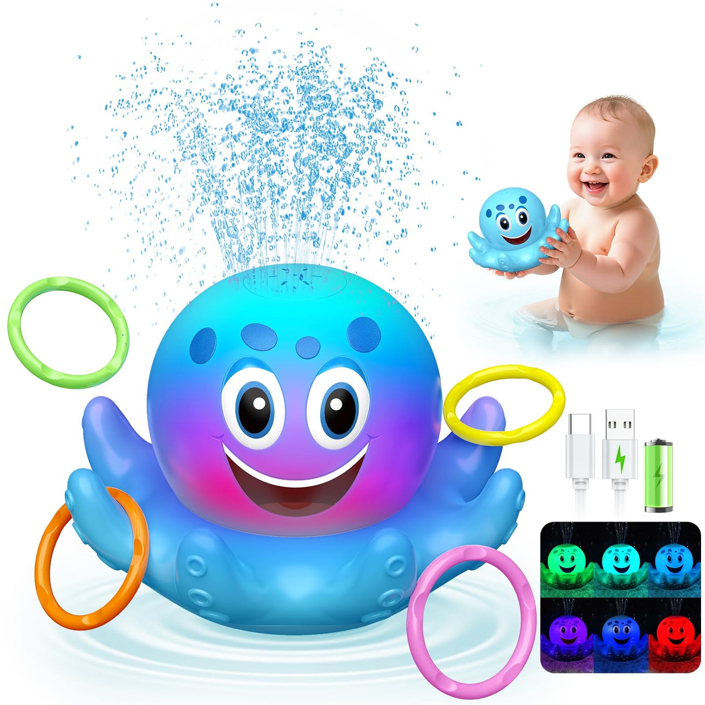 Octopus Bath Toys for Toddlers| Rechargeable Automatic Sprinkler Water Toys with LED Lights & 4 Toss Rings,150 Mins Battery Life,Baby Toys for 6-12 12-18 Months Gifts for Boys Girls 1-5 Years Old
