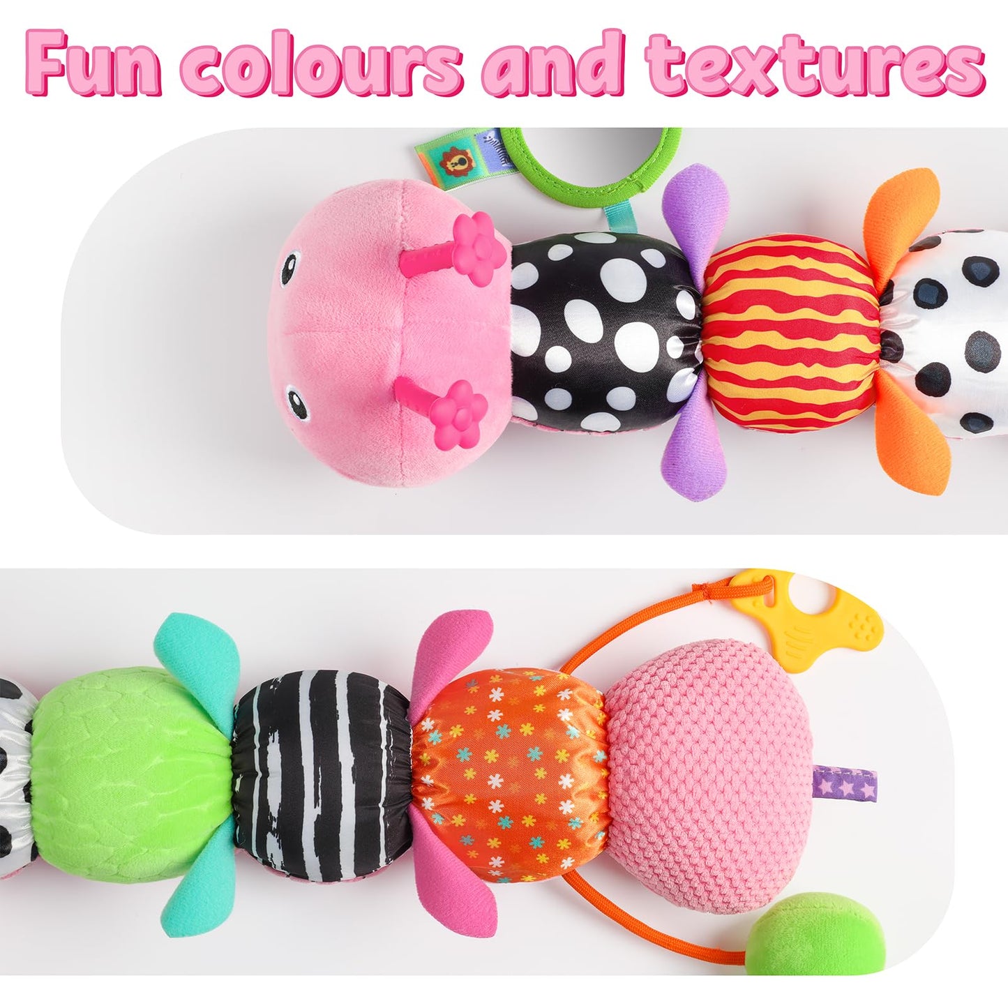 LIGHTDESIRE Baby Toys Musical Caterpillar,Infant Toys Stuffed Animals with Ruler Design,Mirror,Pull String&Ring Bell,Baby Teething Toys for Tummy Time Toy Newborn Gifts 3 6 12 Months(Pink,Leafy Limb)