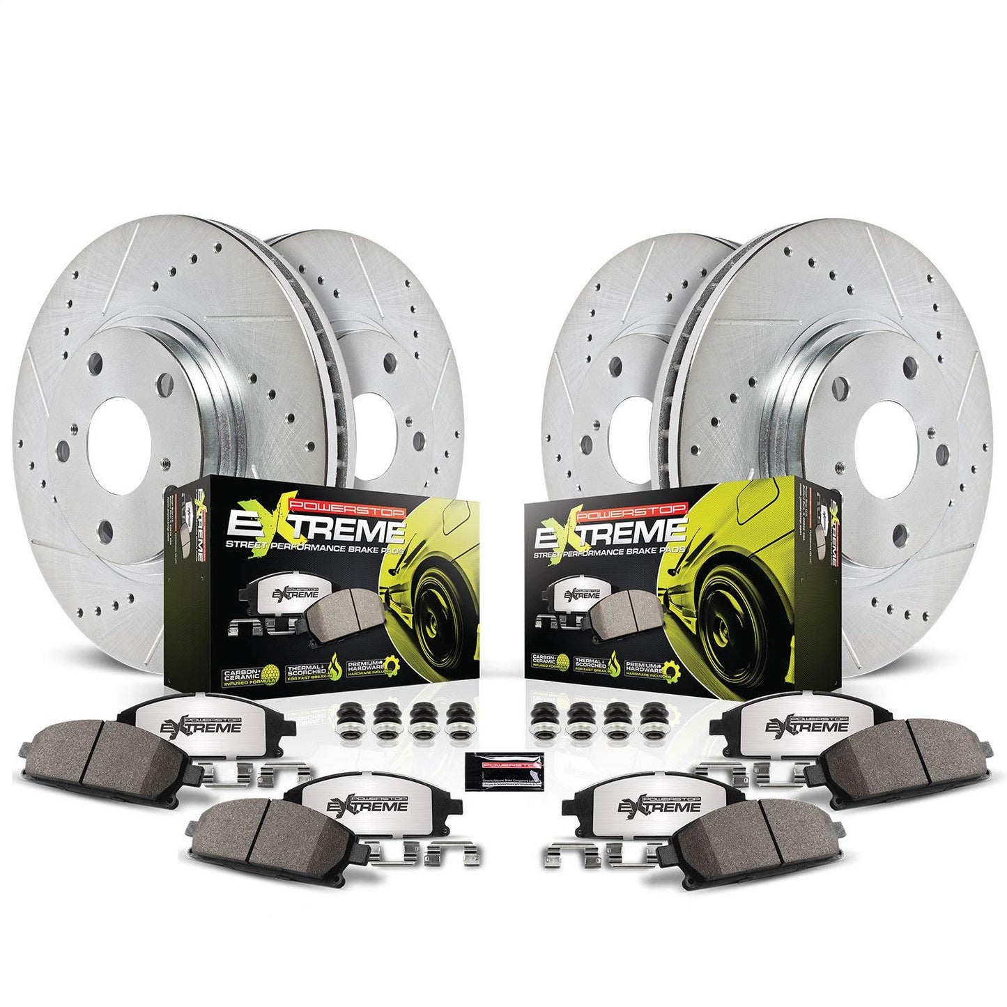 PowerStop Front and Rear Brake Kit For Chevrolet Corvette 2014-19 - Carbon Fiber Ceramic Brake Pads + Drilled & Slotted Rotors Upgrade, K6523-26