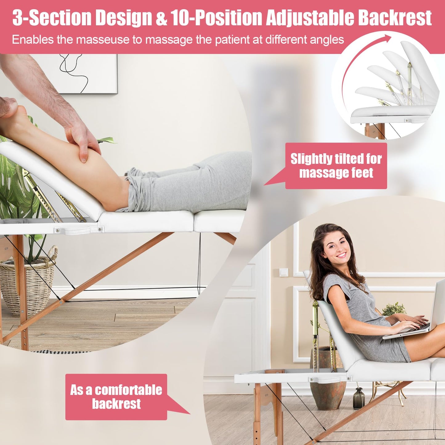 Giantex 84inch Folding Massage Table Lash Bed, Portable 3 Sections Spa Salon Tattoo Bed with Face Cradle Armrests Wooden Legs, Professional Massage Bed Height Adjustable with Carry Case (White)