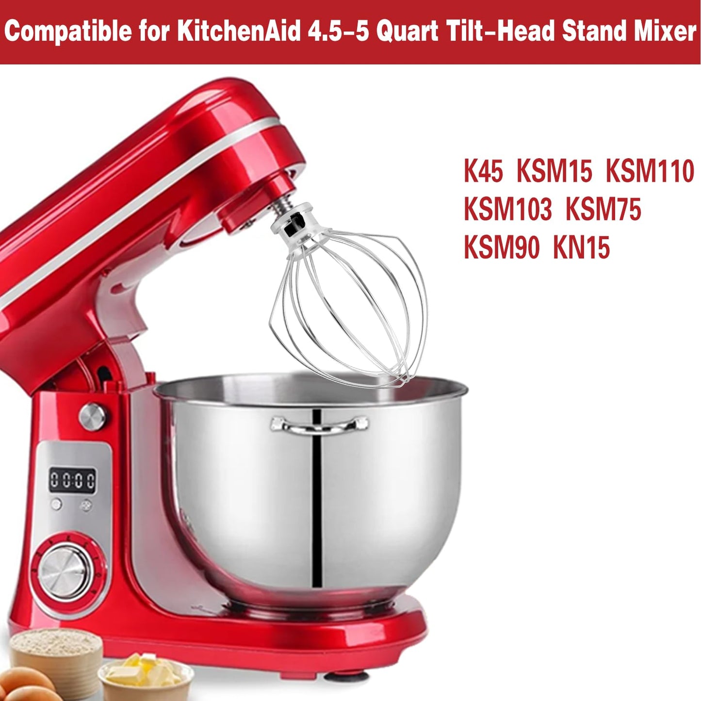 K45WW 6'' Wire Whip Compatible with 4.5-5Qt KitchenAid Tilt-Head Stand Mixer, Kitchenaid Whisk Replacement For Egg Cream Stirrer, Flour Cake Balloon Whisk，Kitchenaid mixer attachments