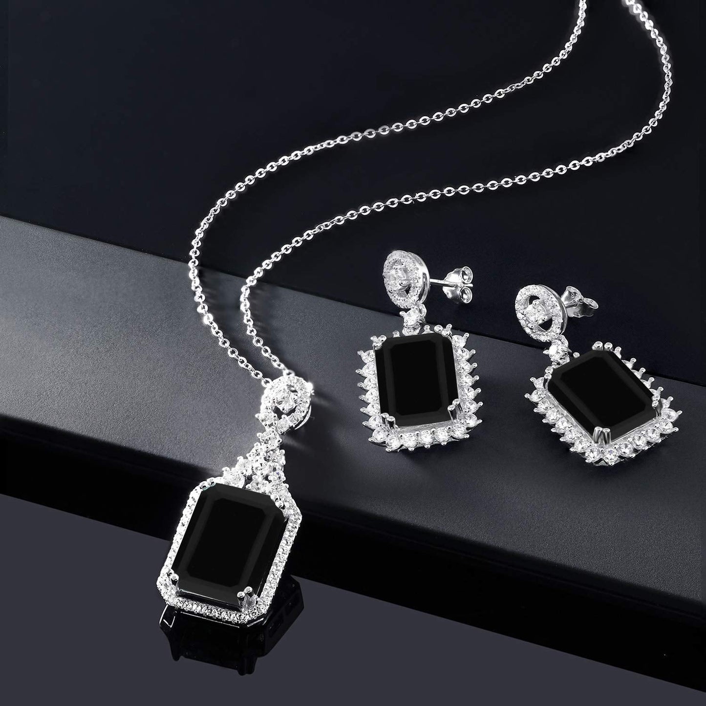 Gem Stone King 20.00 Cttw Black Onyx Pendant and Earrings Jewelry Set For Women | 925 Sterling Silver | Emerald Cut 14X10MM | Gemstone Birthstone | With 18 Inch Chain