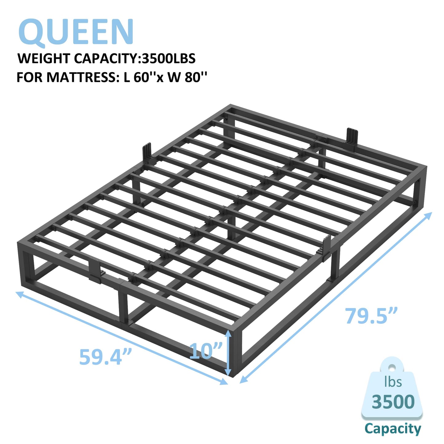 Bilily 10 Inch Queen Bed Frame with Steel Slat Support, Low Profile Queen Metal Platform Bed Frame Support Mattress Foundation, No Box Spring Needed/Easy Assembly/Noise Free