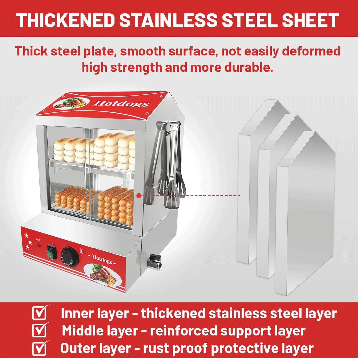 Sovtekr 27L/29 QT Hot Dog Steamer with Bun Warmer - Electric Steaming Machine 2-Tier Capacity for 175 Hot Dogs & 40 Buns, Visible Glass Slide Doors for Commercial Home Use