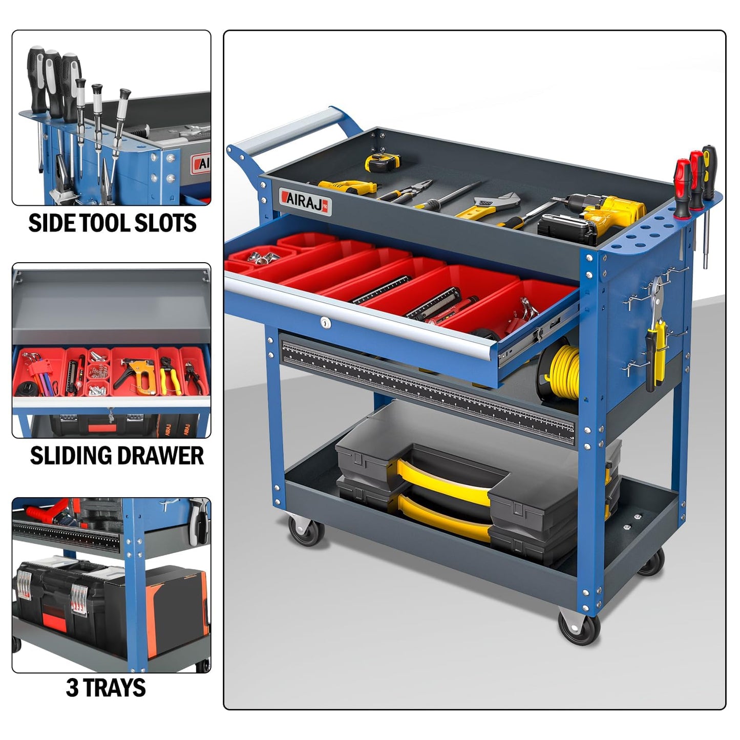 AIRAJ PRO Heavy Duty Tool Cart on Wheels,440LBS Mechanic Tool Cart with Drawers,Utility Industrial Service Carts with Hooks,Drawers and Locking System,for Mechanic, Warehouse, Garage, Workshop
