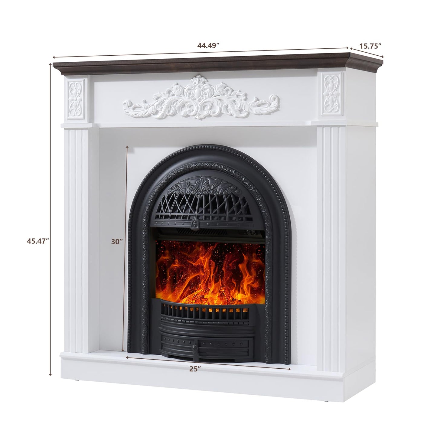45" Birdcage-Style Electric Fireplace with Mantel, 46" Tall Fireplace TV Stand, Farmhouse Entertainment Center with Storage & Replaceable Insert Heater for Living Room, White+Walnut