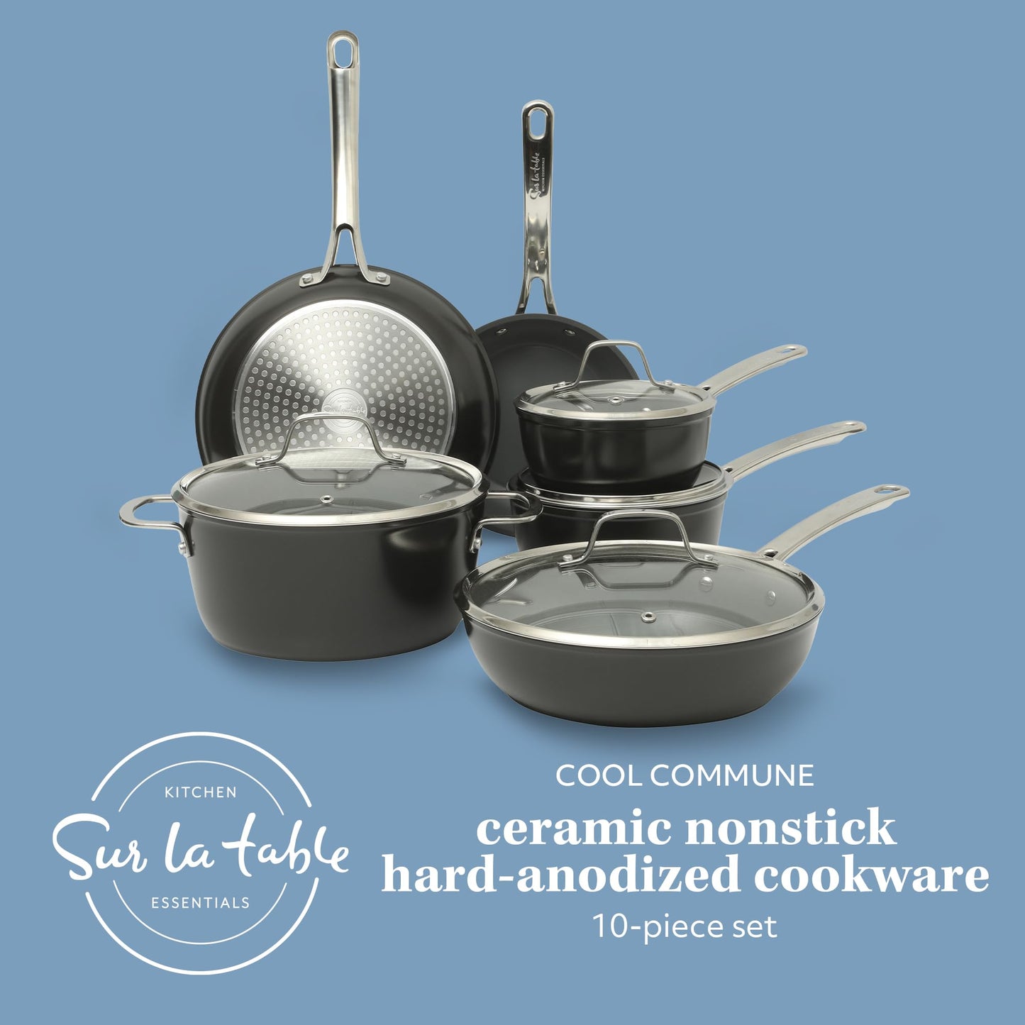 Sur La Table Kitchen Essentials Cool Commune Hard Anodized 10 Piece PFA Free Ceramic Non stick Interior Forged Durable Aluminum Pots and Pans Cookware Set - Black - Induction Compatible