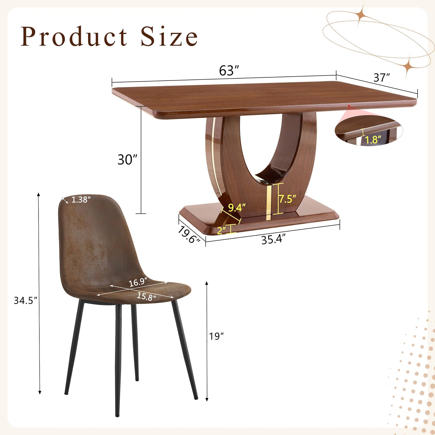 JUFU Modern Dining Table Set for 6, 63'' Kitchen Table Set with Faux Marble Tabletop and 4 PU Leather Upholstered 0501 Brown Chairs, Dinner Table Set for 6, Ideal for Dining Room and Kitchen