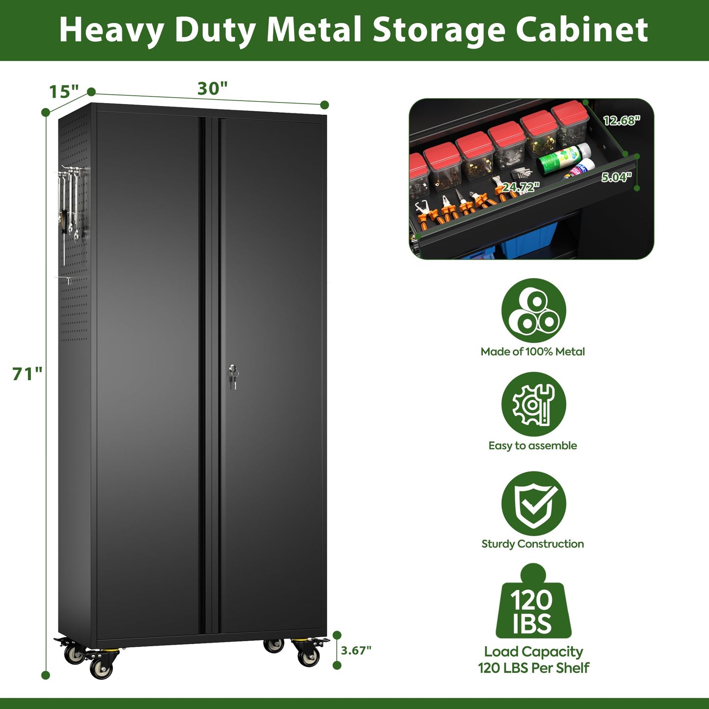 Reemoon 71" H Garage Storage Cabinet with Wheels and Doors,Metal Tool Storage Cabinet with Pegboard and Drawer for Garage Warehouse Home,Required Assembly,Black