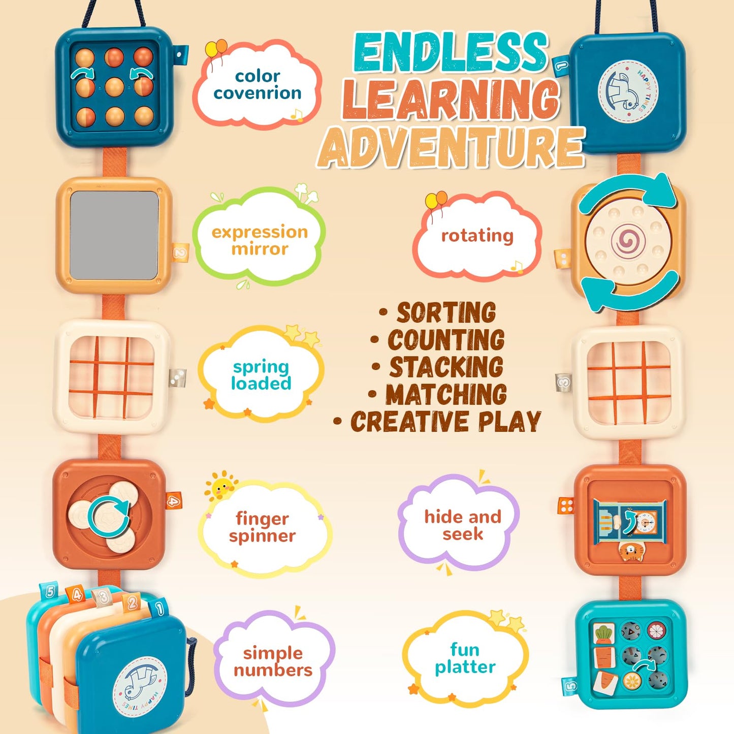edusense Montessori Busy Board for Toddlers 1-3, Ultra-Light Travel Toys for Airplane & Car, BPA-Free, No Batteries, Easy-Clean Sensory Board, Fine Motor Skills Gift for 1 2 3 Year Old Boys Girls