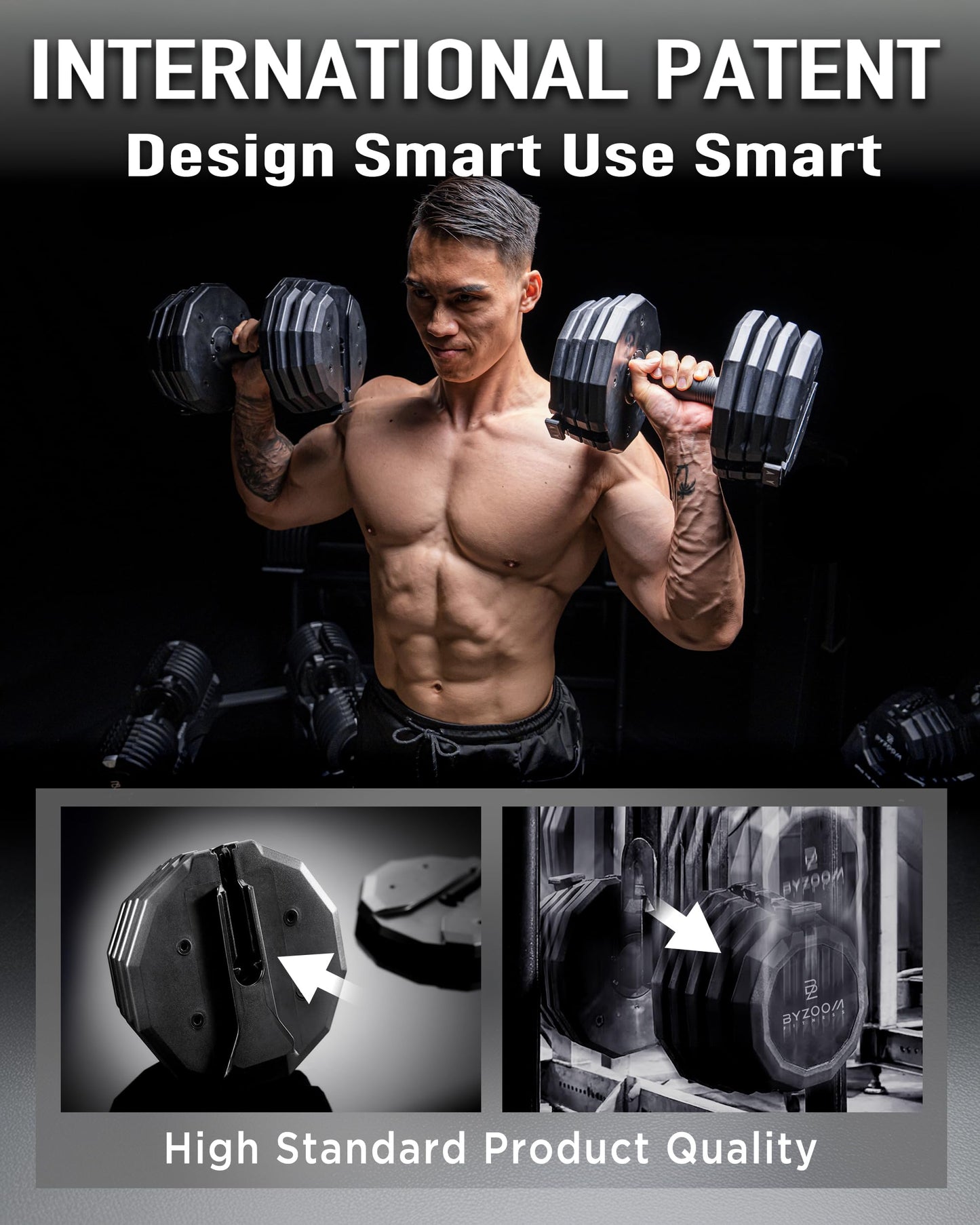 BYZOOM FITNESS Classic Series 50/55LB Adjustable Dumbbell Pair Set of 2, 5-in-1 OR 15-in-1 Patented Secure System, Solid Cast Iron Core, Iconic 12-Sided Polygonal Anti-Roll Base, Professional Heavy Weight for Men and Women, Black (50LB Pair Black)