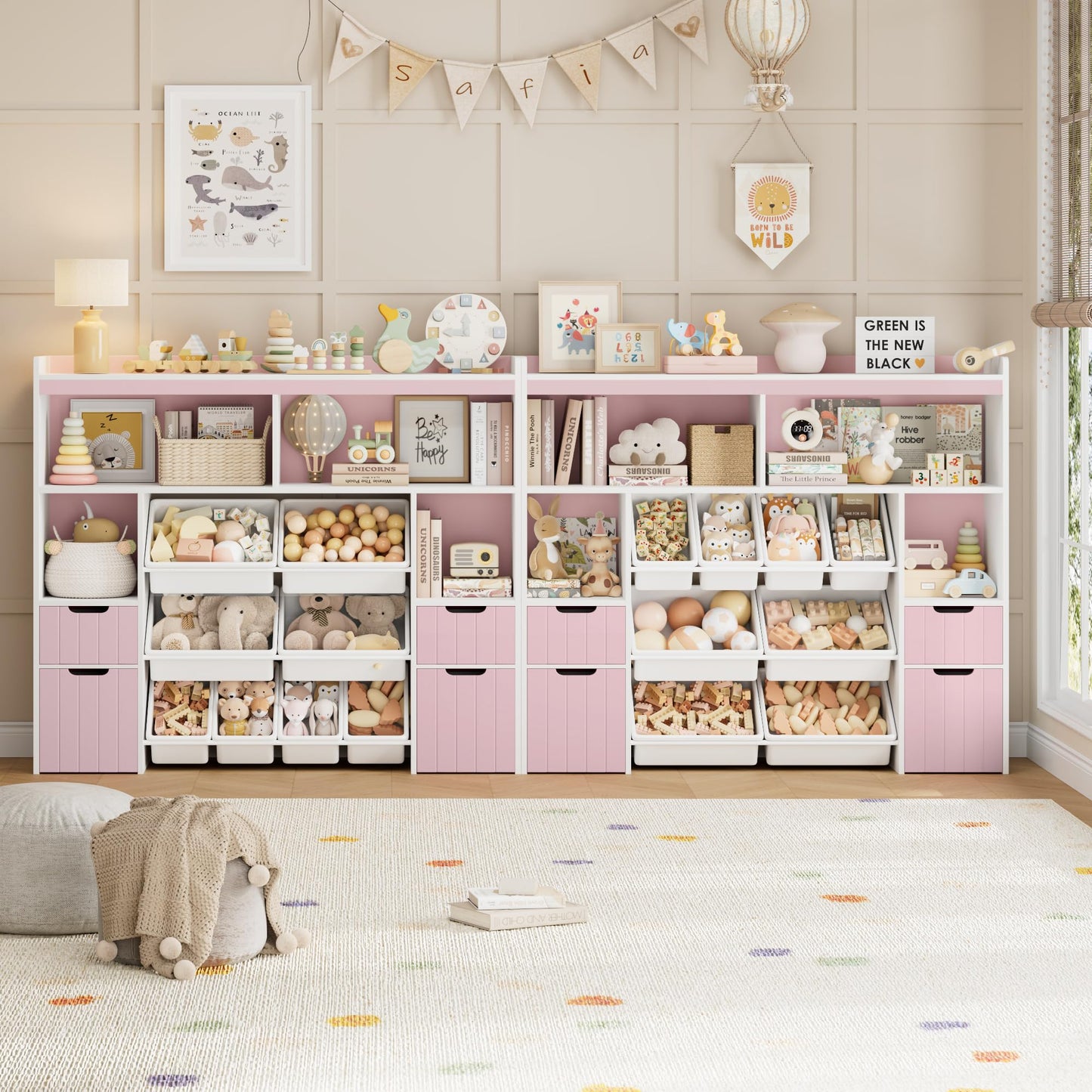 HORSTORS 55" W Toy Storage Organizer with Drawers, Large Kids Toy Storage Box with Removable Bins, Tall Kids Bookshelf and Bookcase for Boys and Girls, Modern Toy Chest for Playroom, Classroom, Pink