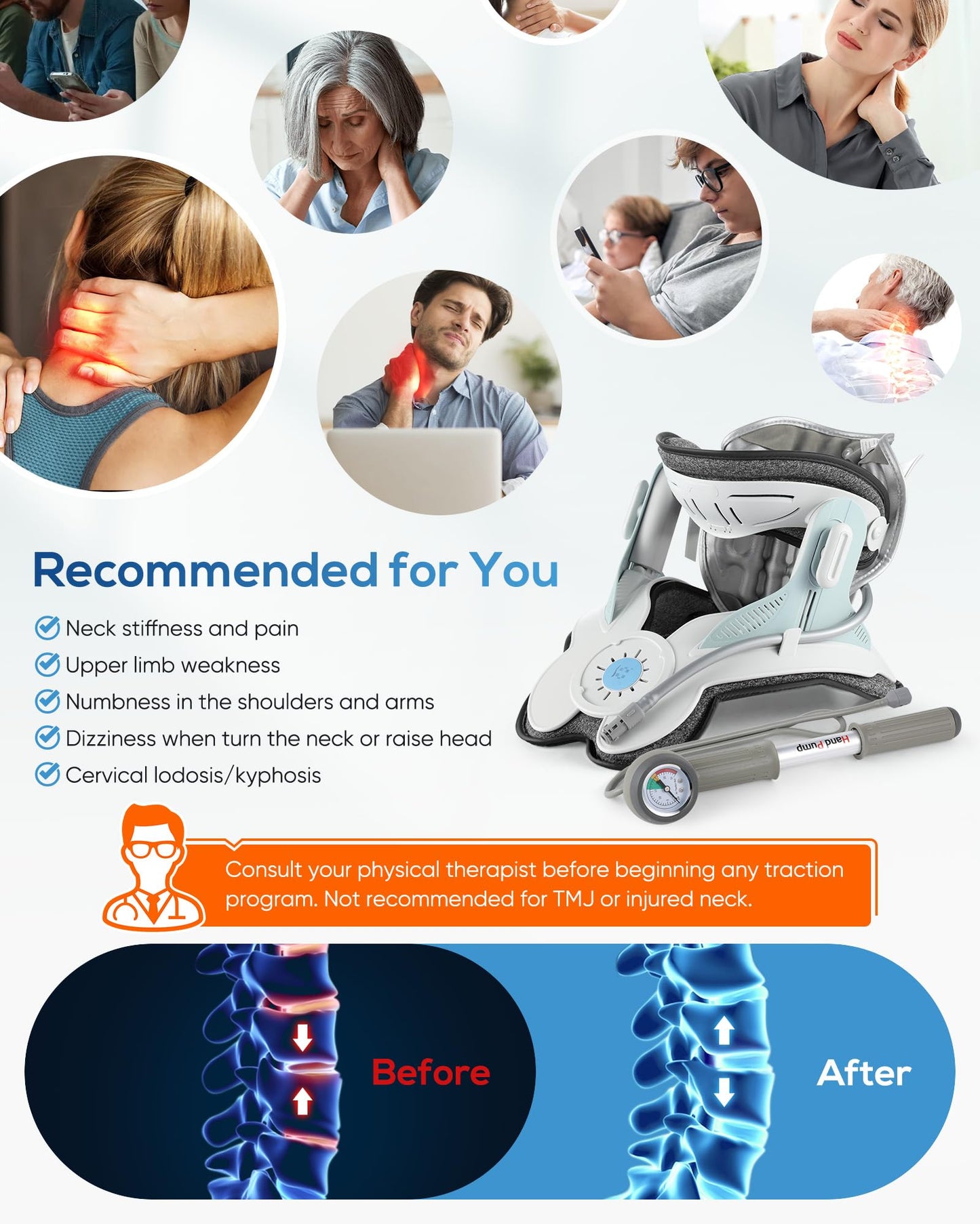 HygiVital 3-in-1 Cervical Traction Device, Neck Stretcher with Air Collar: Neck Pain Relief, Posture Correction & Spine Alignment in Minutes a Day - Portable Neck Brace with Manual Pump