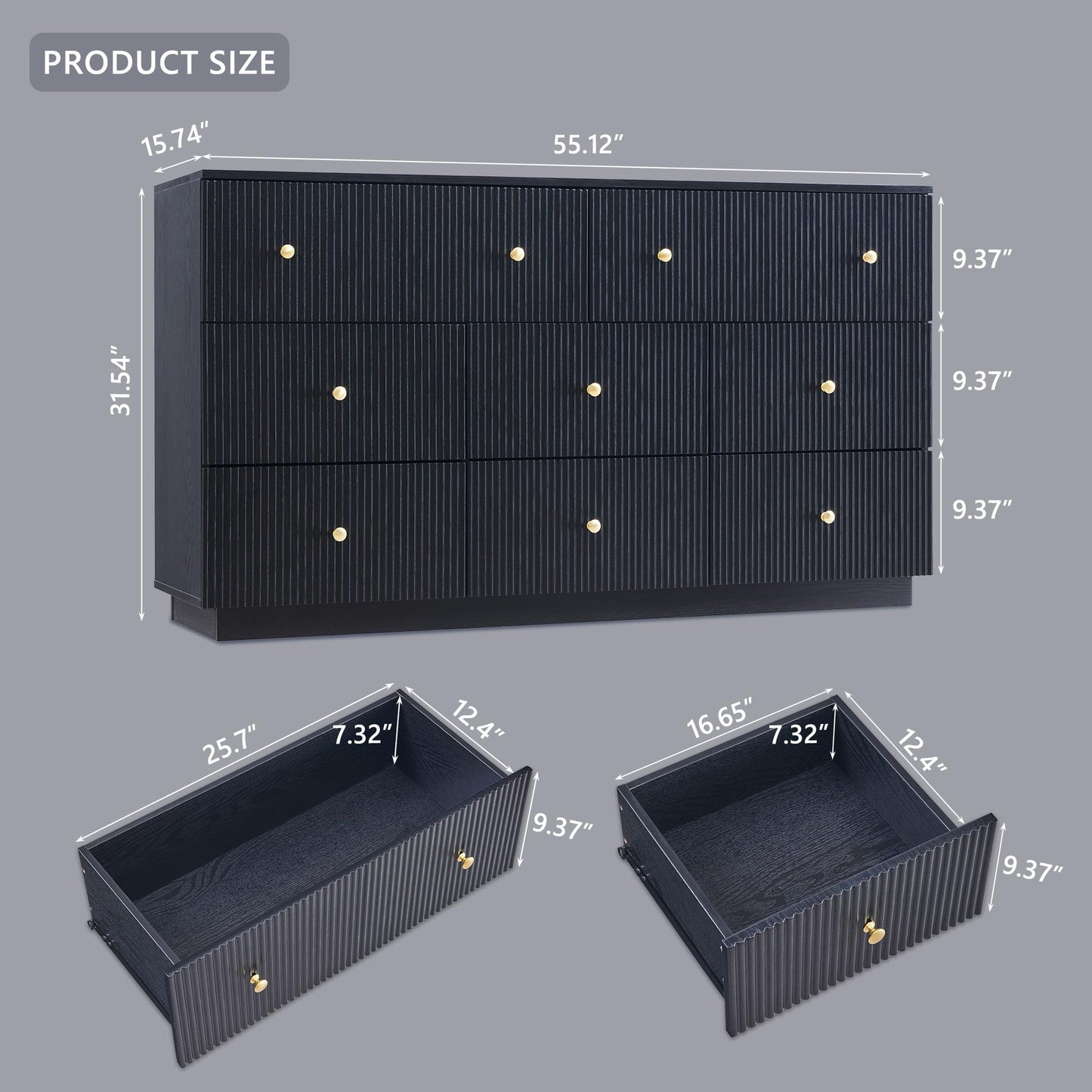 wow97e Fluted Dresser for bedroom, 55"W Black 8 Drawer Dressers, Wood Tall Dresser Storage Organizer, Modern Bedroom Chest of Drawers with Deep Storage for Closet Hallway, Entryway, Living Room Black