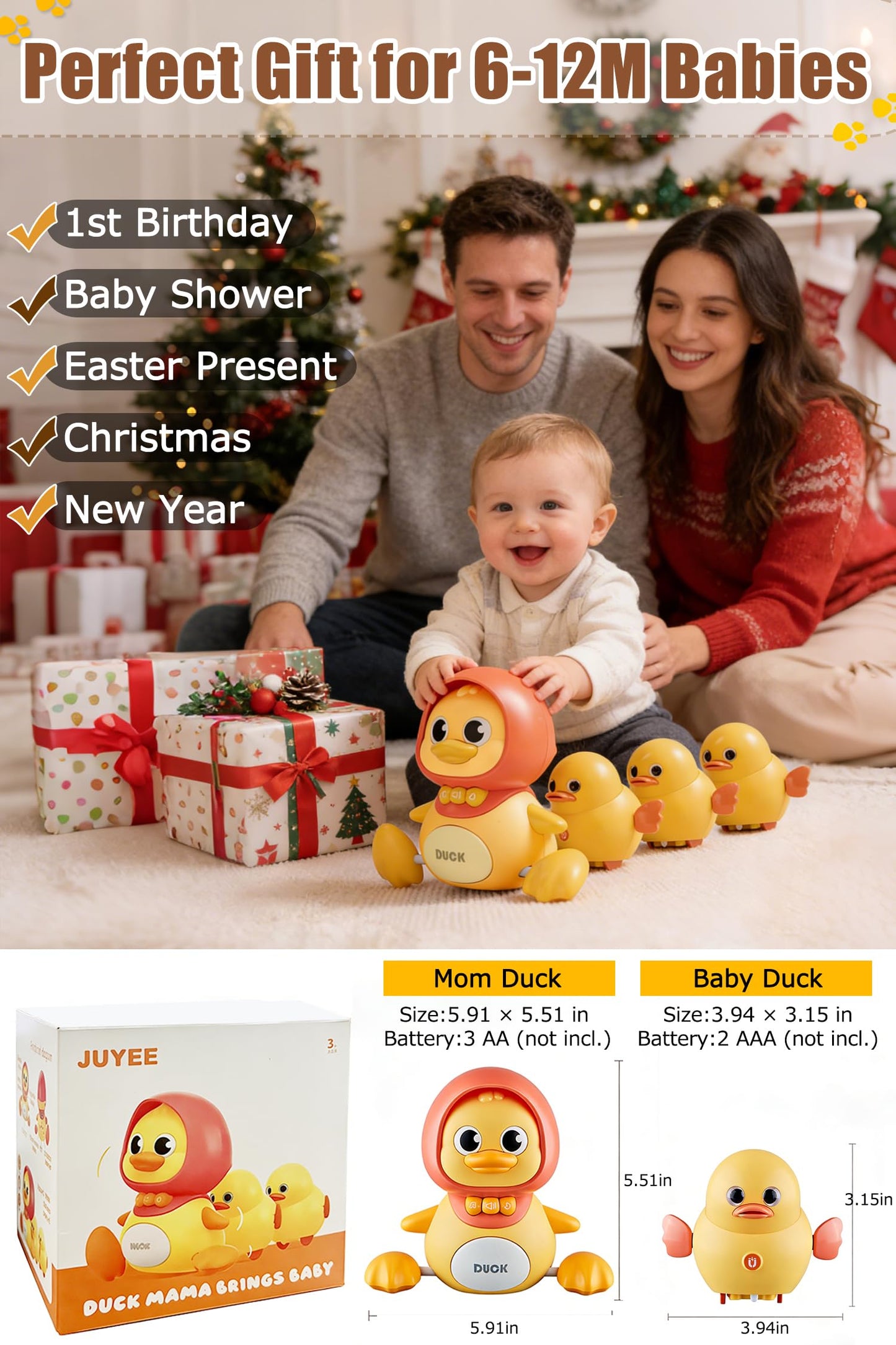 JUYEE Baby Crawling Toys Set of 4 - Magnetic Ducks Family for Infants 6-9-12 Months, Tummy Time Toys with Music & Lights, 1st Birthday Gift for Boys and Girls(4-Pack)